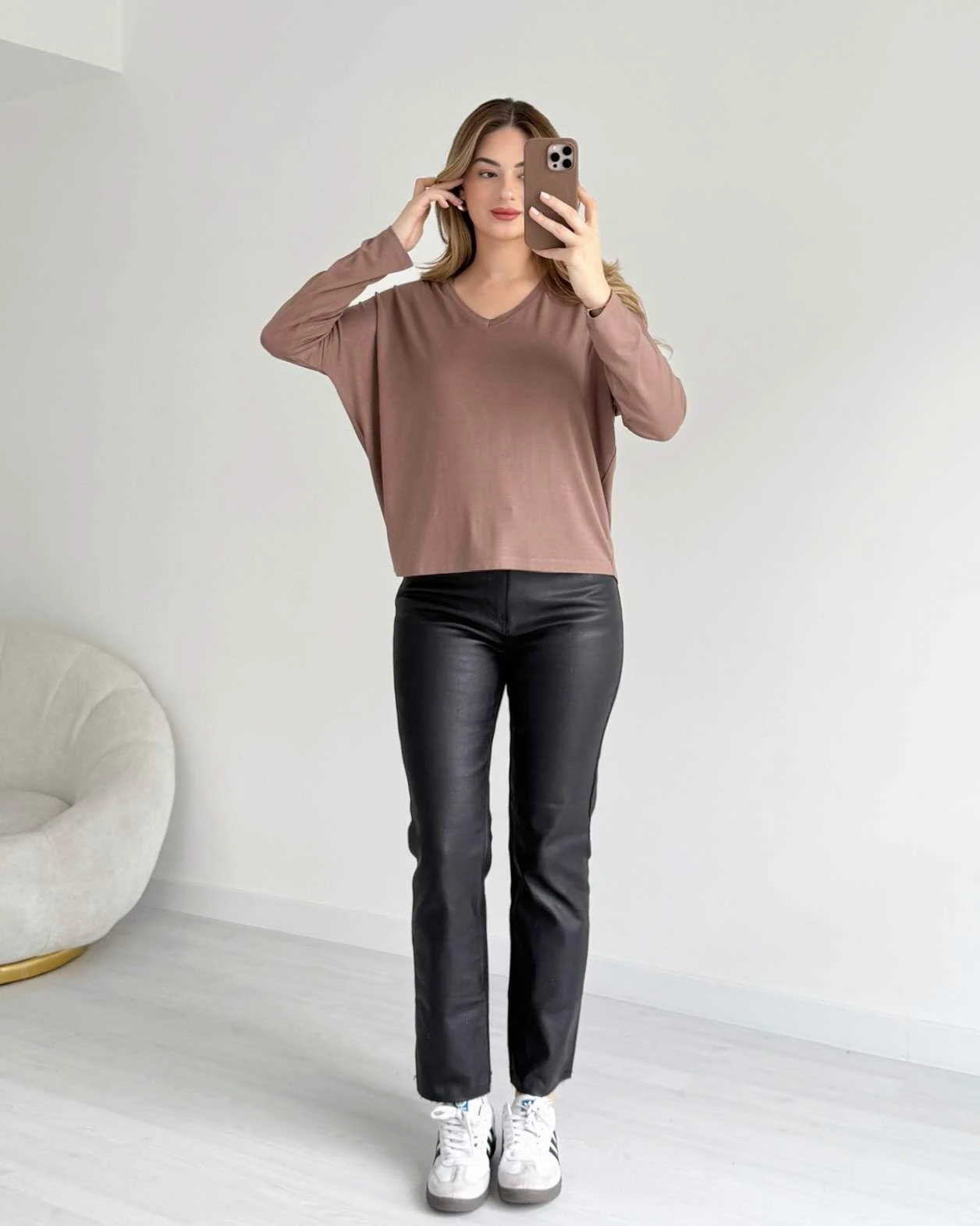 V Yaka Triko Bluz - Kahve