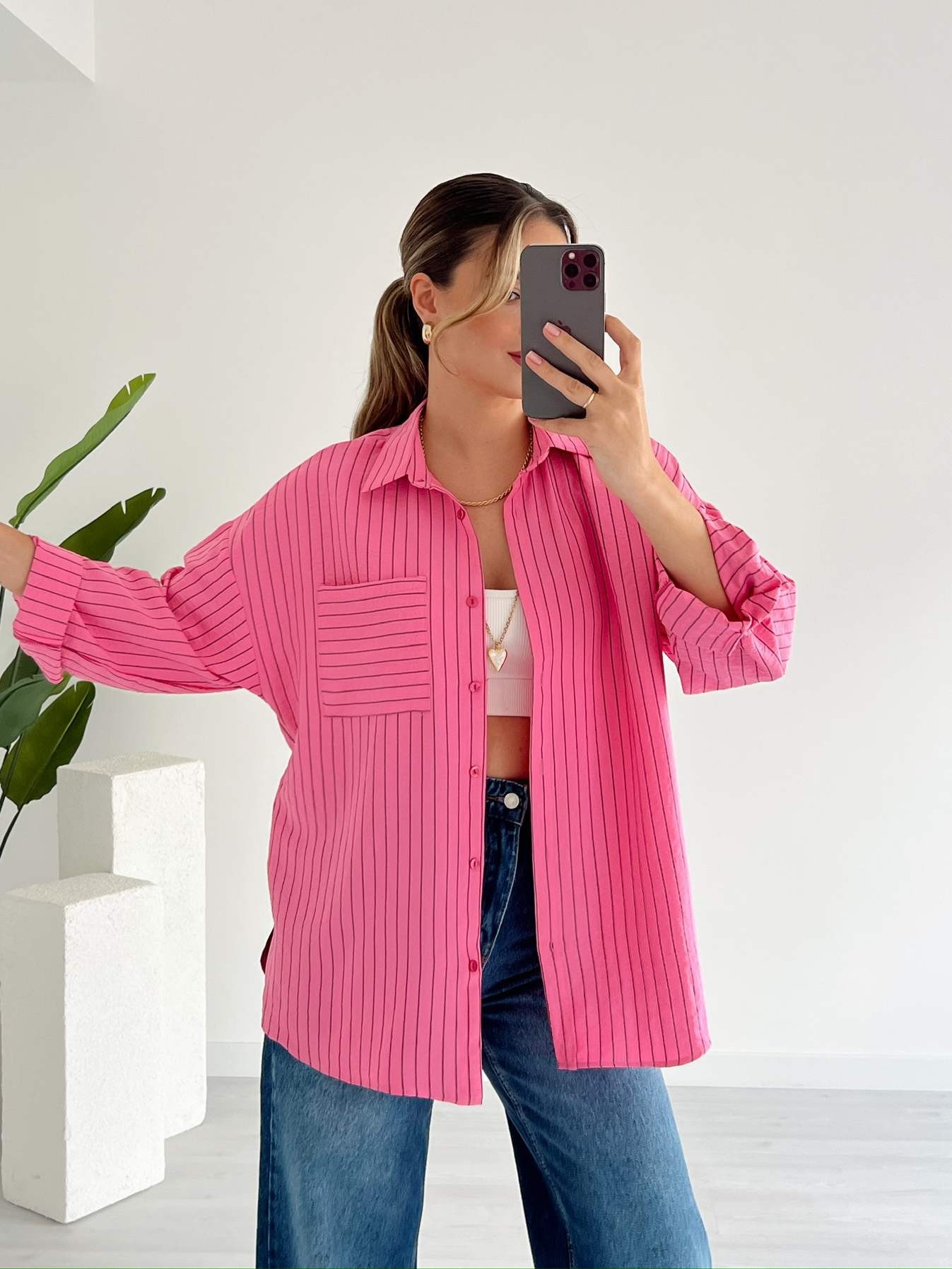 Tek Cepli Çizgili Oversize Gömlek - Pembe