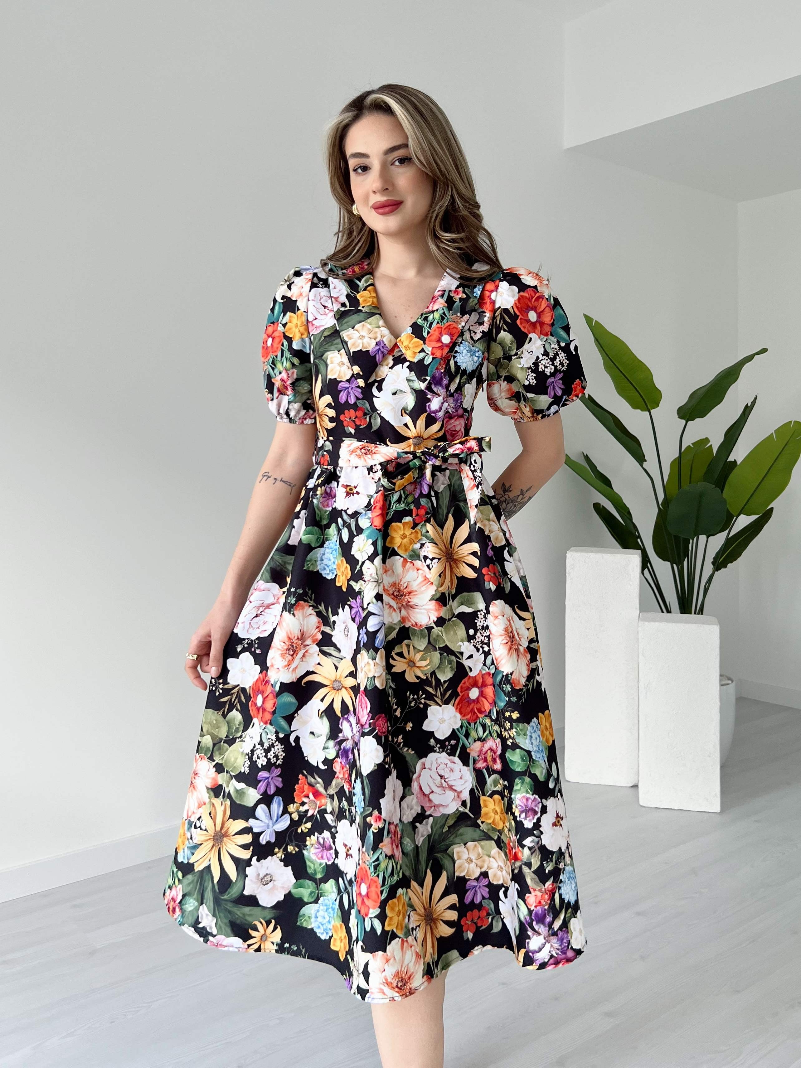 Bebe Yaka Çiçek Desenli Poplin Elbise - Siyah