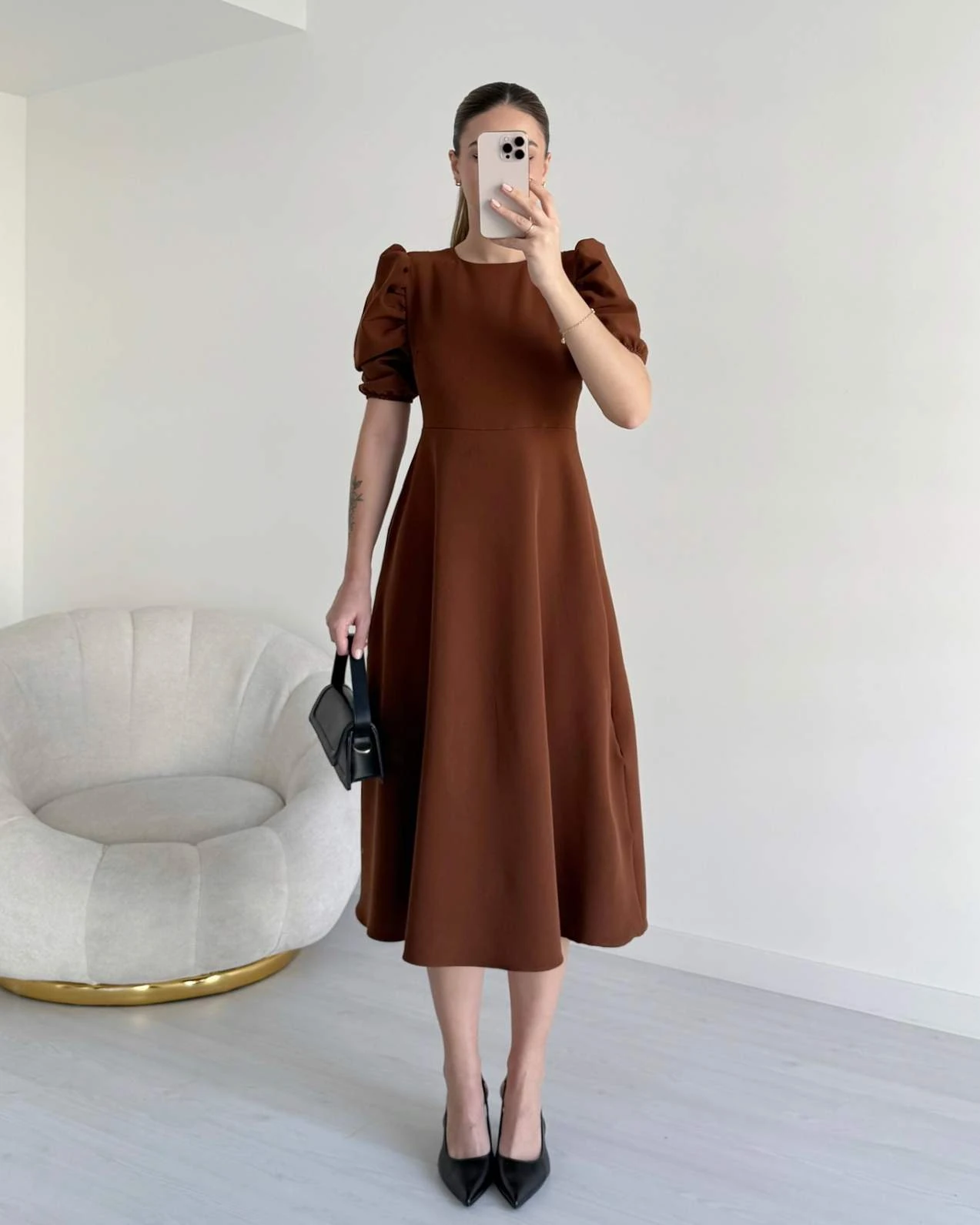 Prenses Kol HEIDI Elbise - Kahve