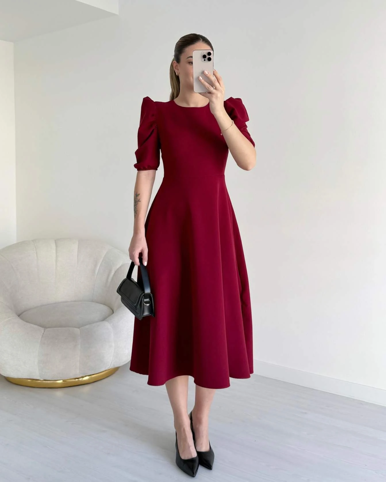 Prenses Kol HEIDI Elbise - Bordo