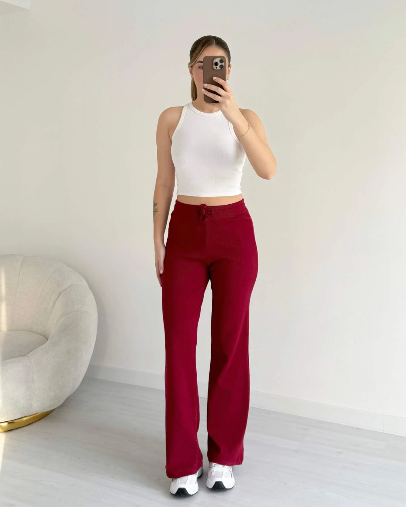 Bol Paça Fitilli Penye Pantolon - Bordo