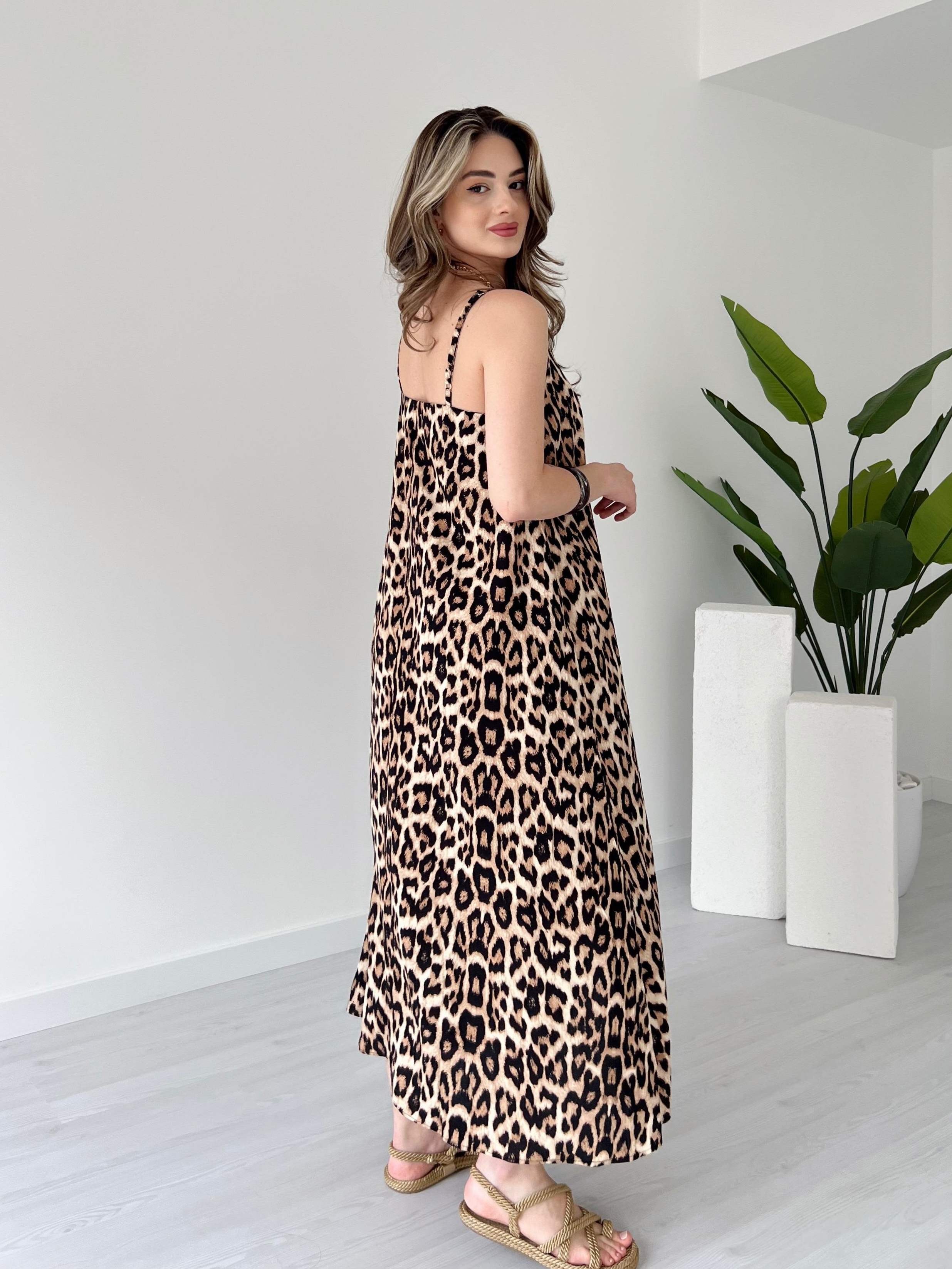 Ayarlanabilir Askılı Desenli Elbise - leopar