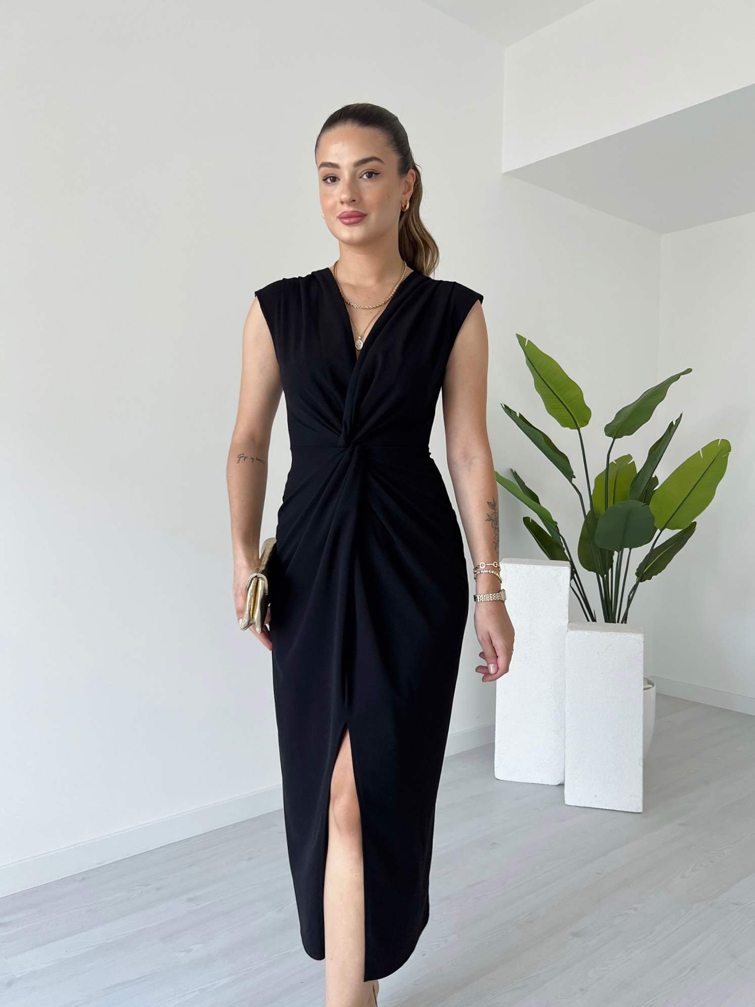 Kruvaze Yaka Beli Büzgülü Elbise