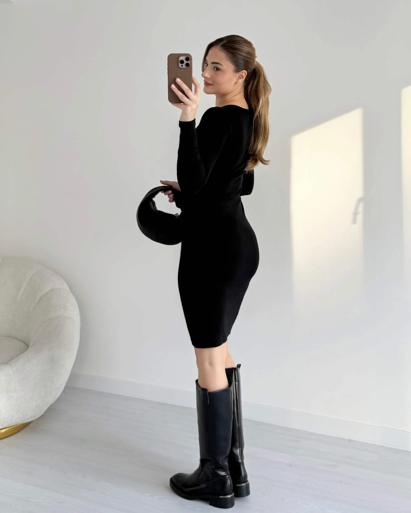 Düğme Detaylı Uzun Kol Penye Elbise