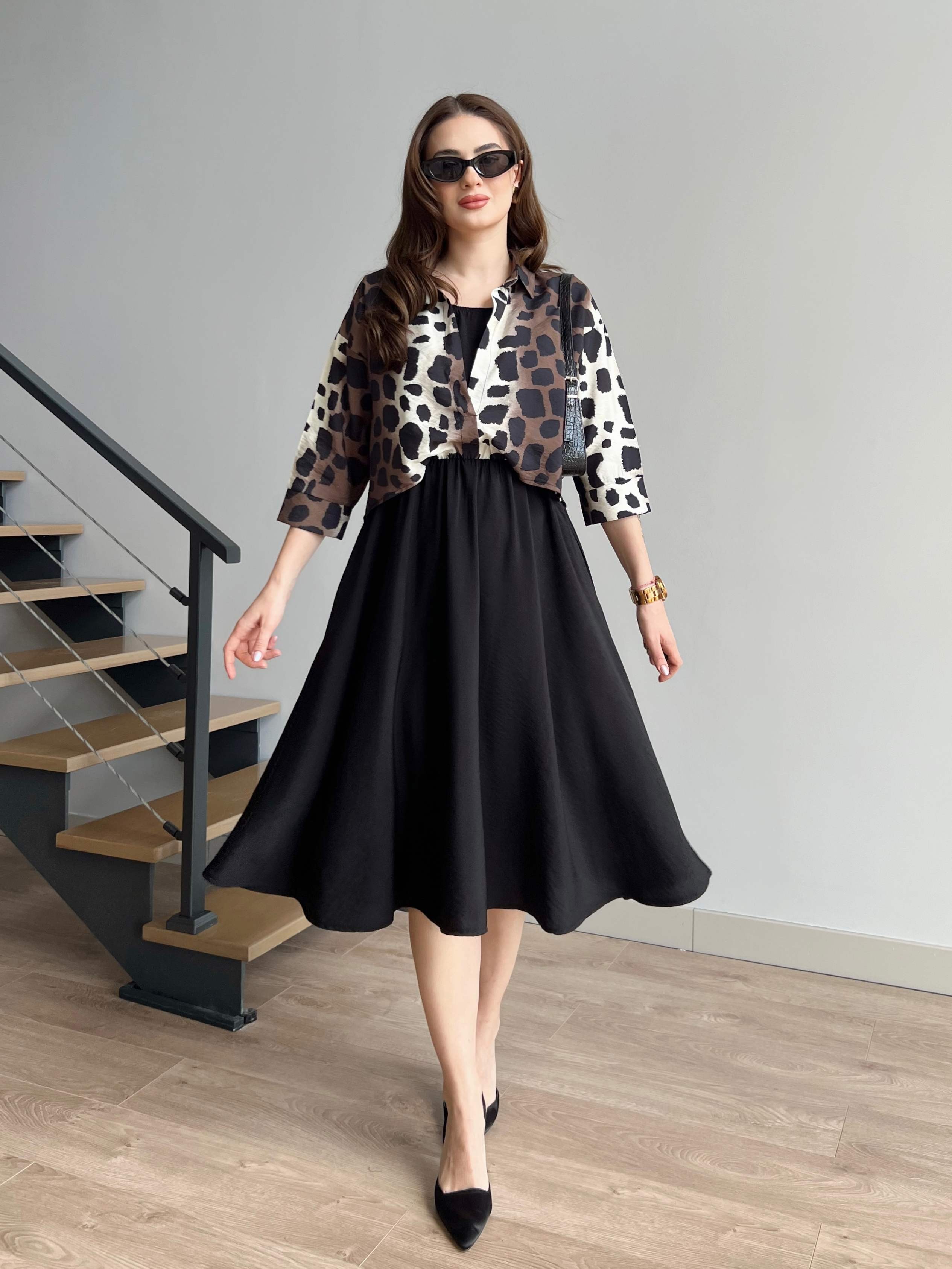Leopar Desen Bluz Detaylı Elbise