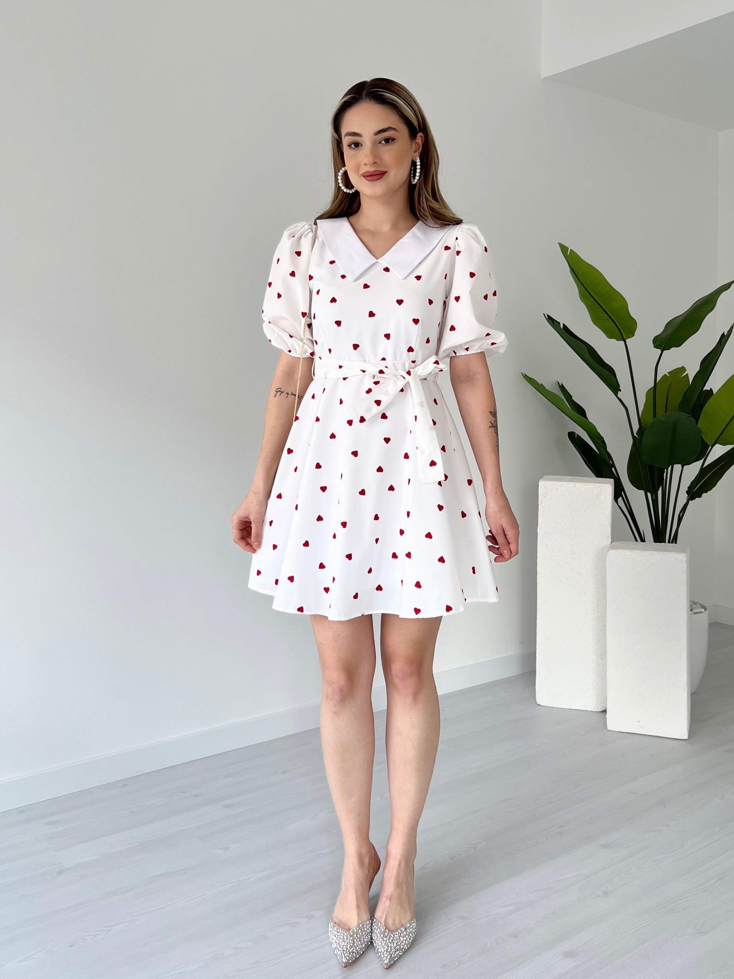 Bebe Yaka Desenli Poplin Elbise - Kalp Desenli