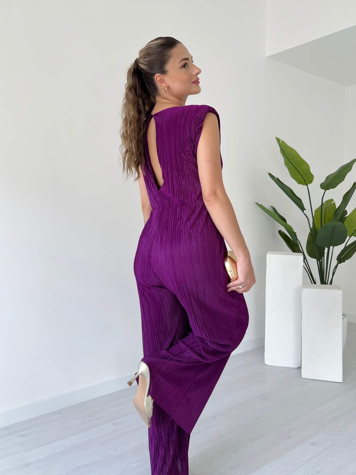 Bel Detaylı Piliseli Tulum - Mürdüm