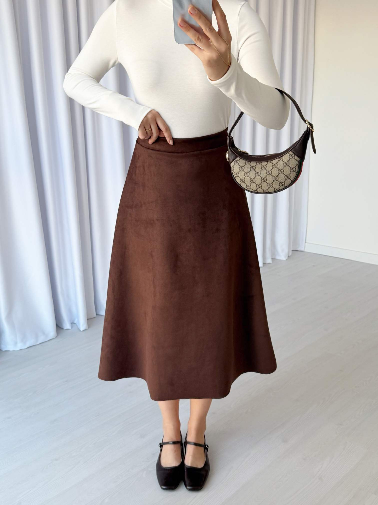 Beli Lastikli Süet Etek - Kahve