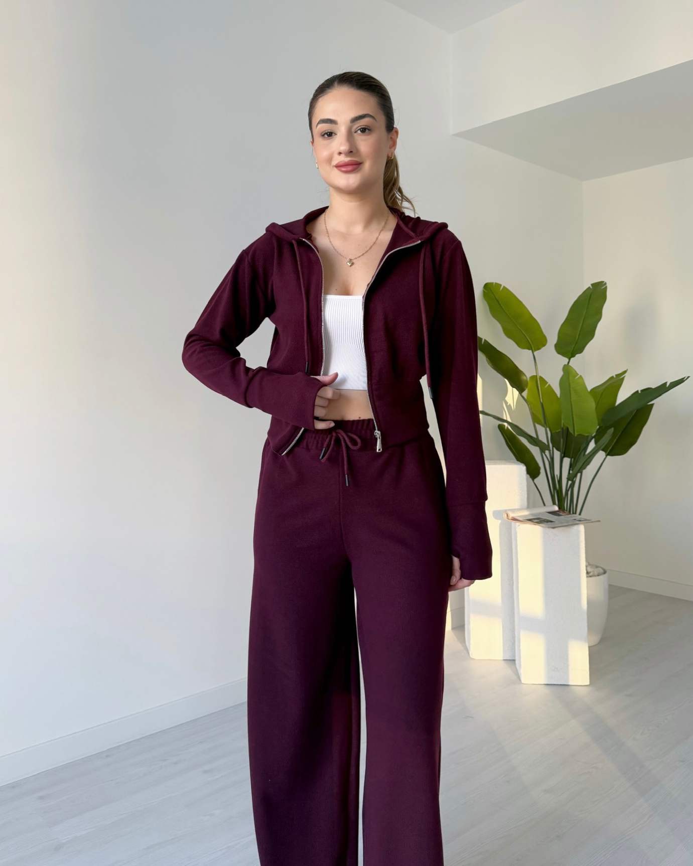 Selanik Kumaş Parmak Geçmeli İkili Takım - Bordo