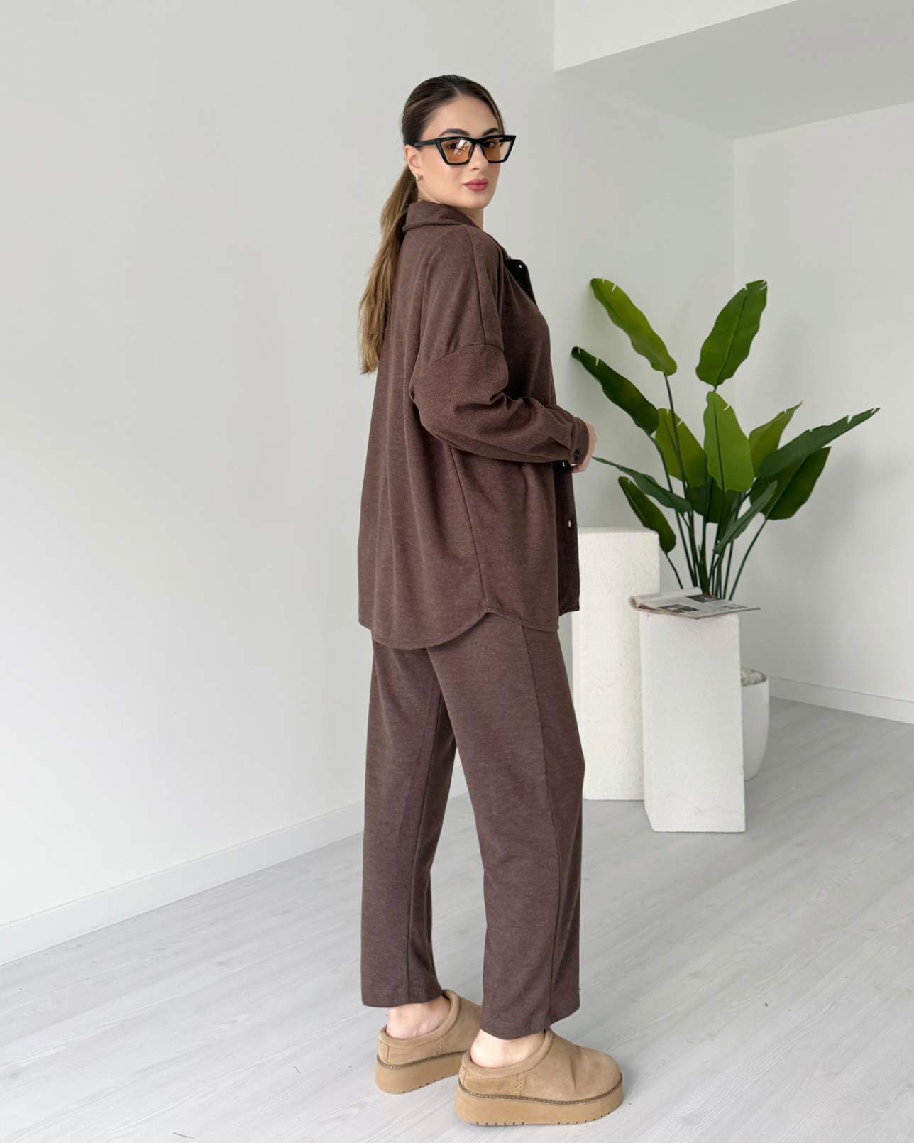 Kısa Paça Gömlekli Oversize Takım - Kahve