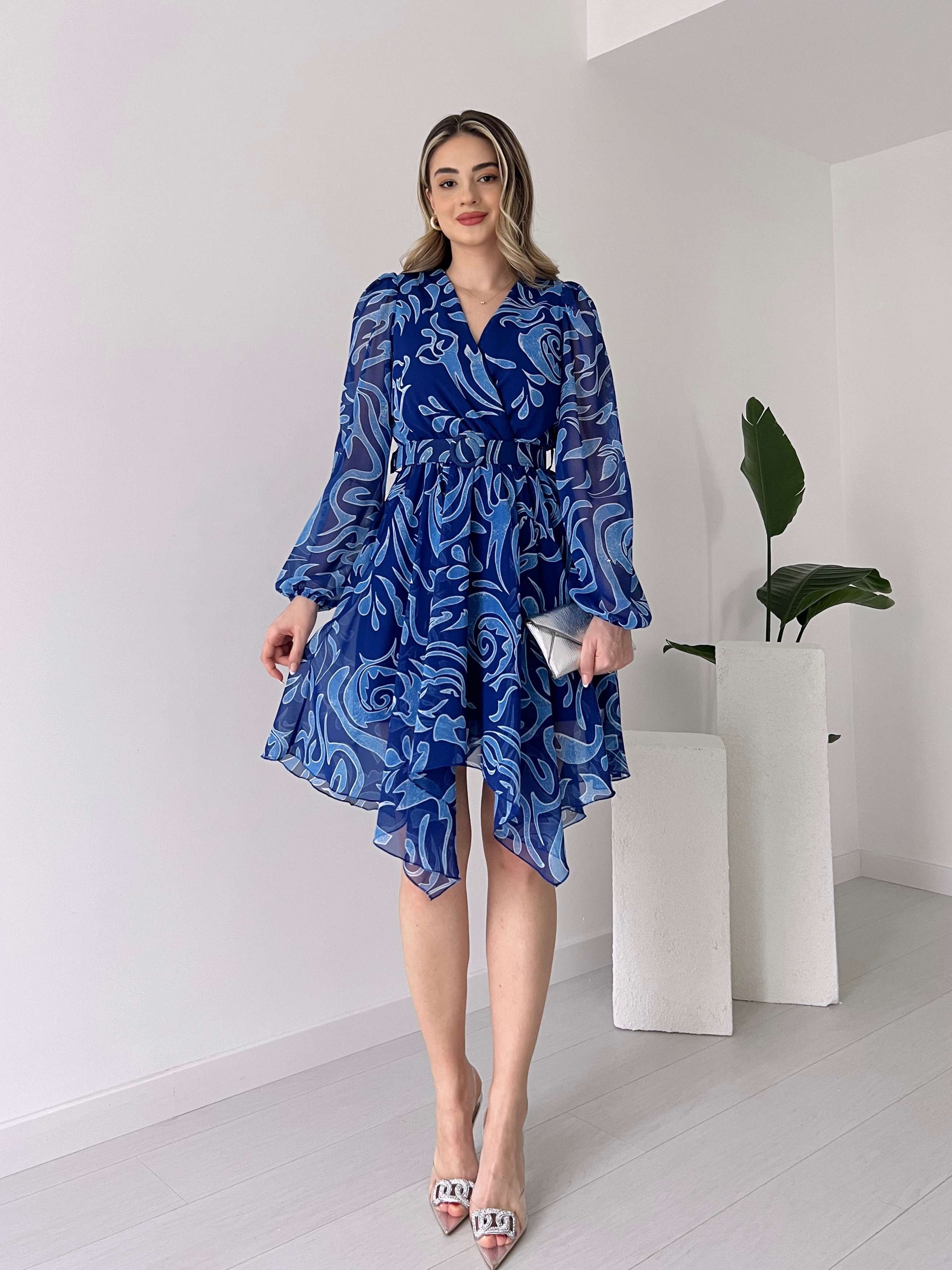 Eteği Asimetrik URSULA Şifon Elbise - Mavi