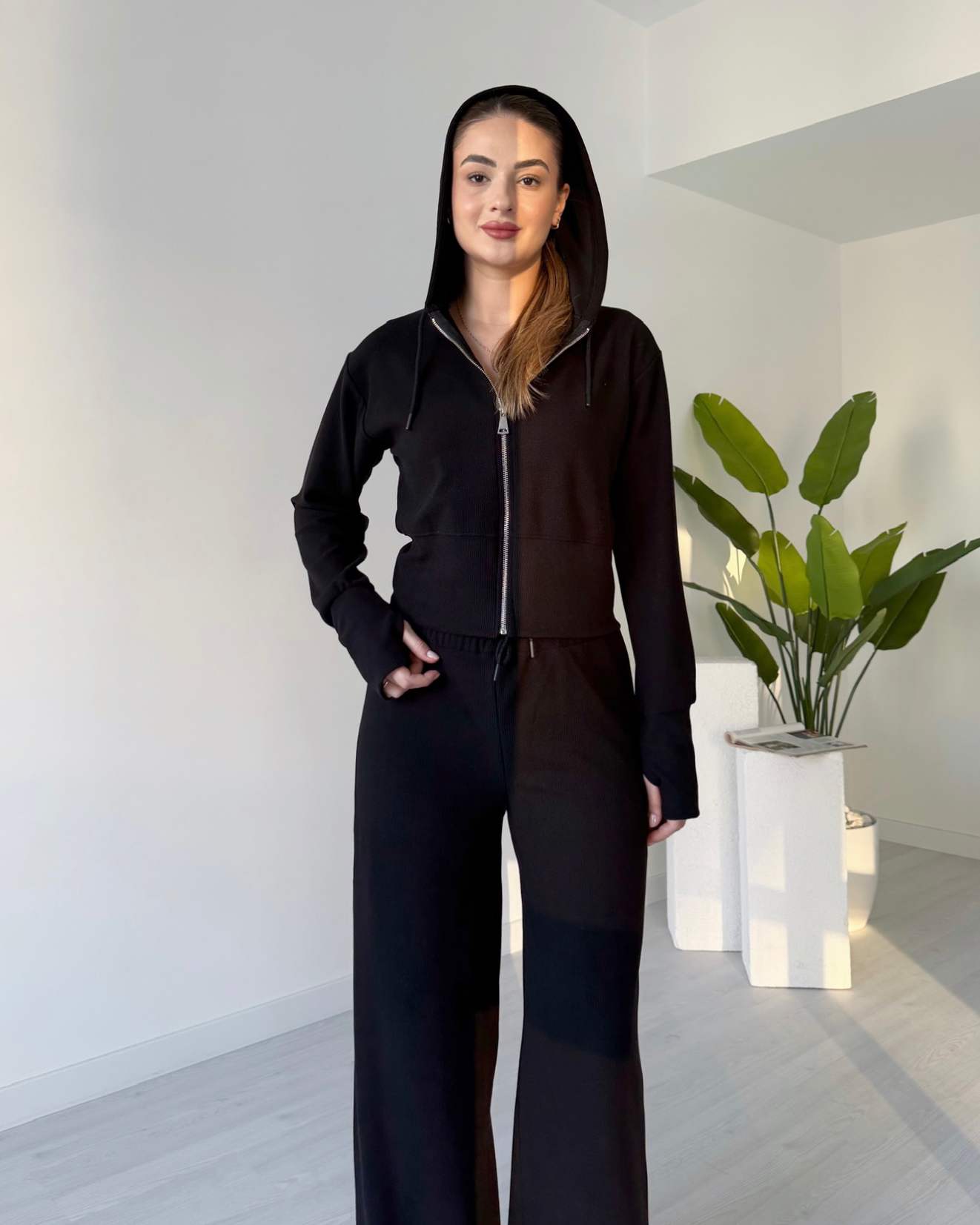 Selanik Kumaş Parmak Geçmeli İkili Takım - Siyah