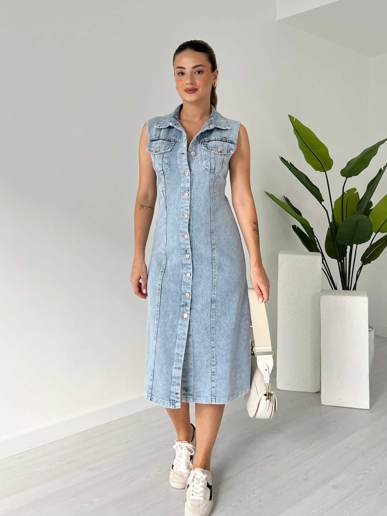Sıfır Kol Önü Düğmeli Denim Elbise - Kar Yıkama