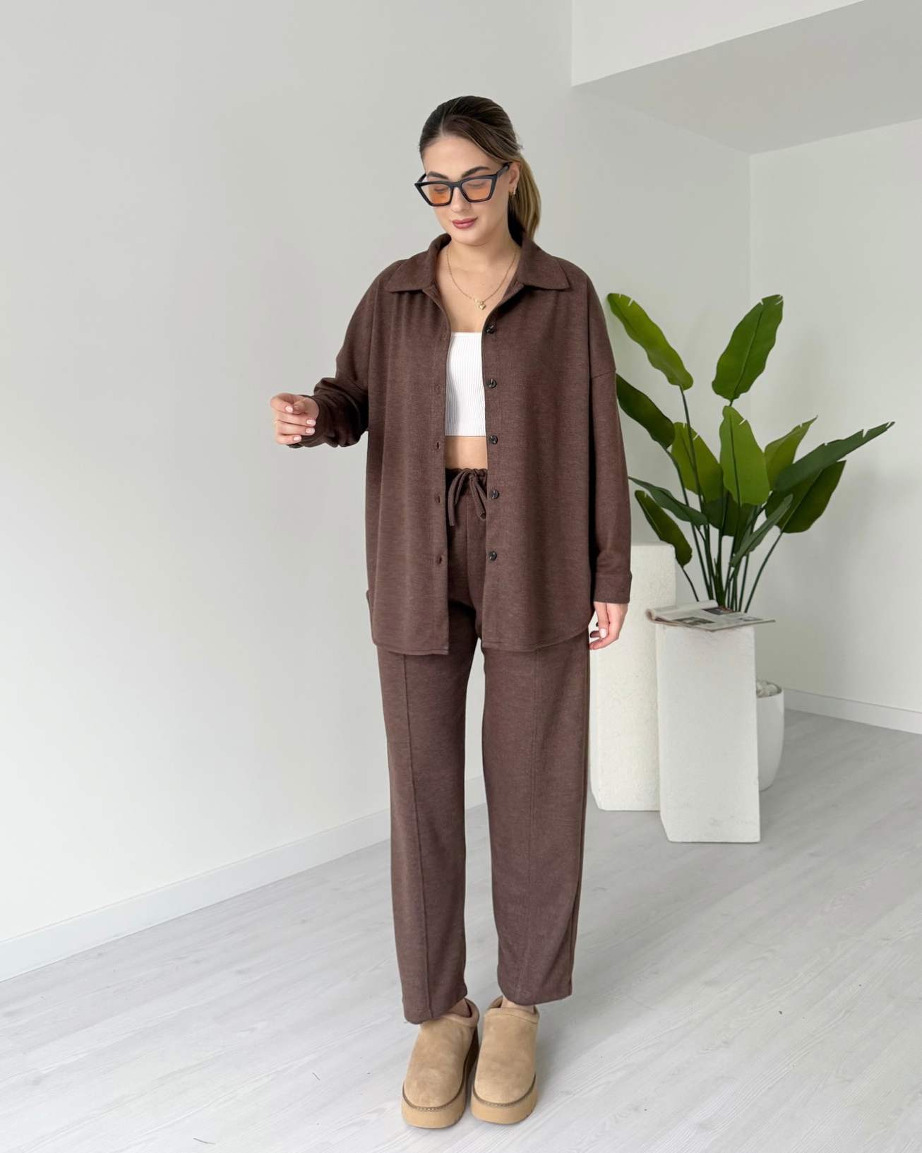 Kısa Paça Gömlekli Oversize Takım - Kahve