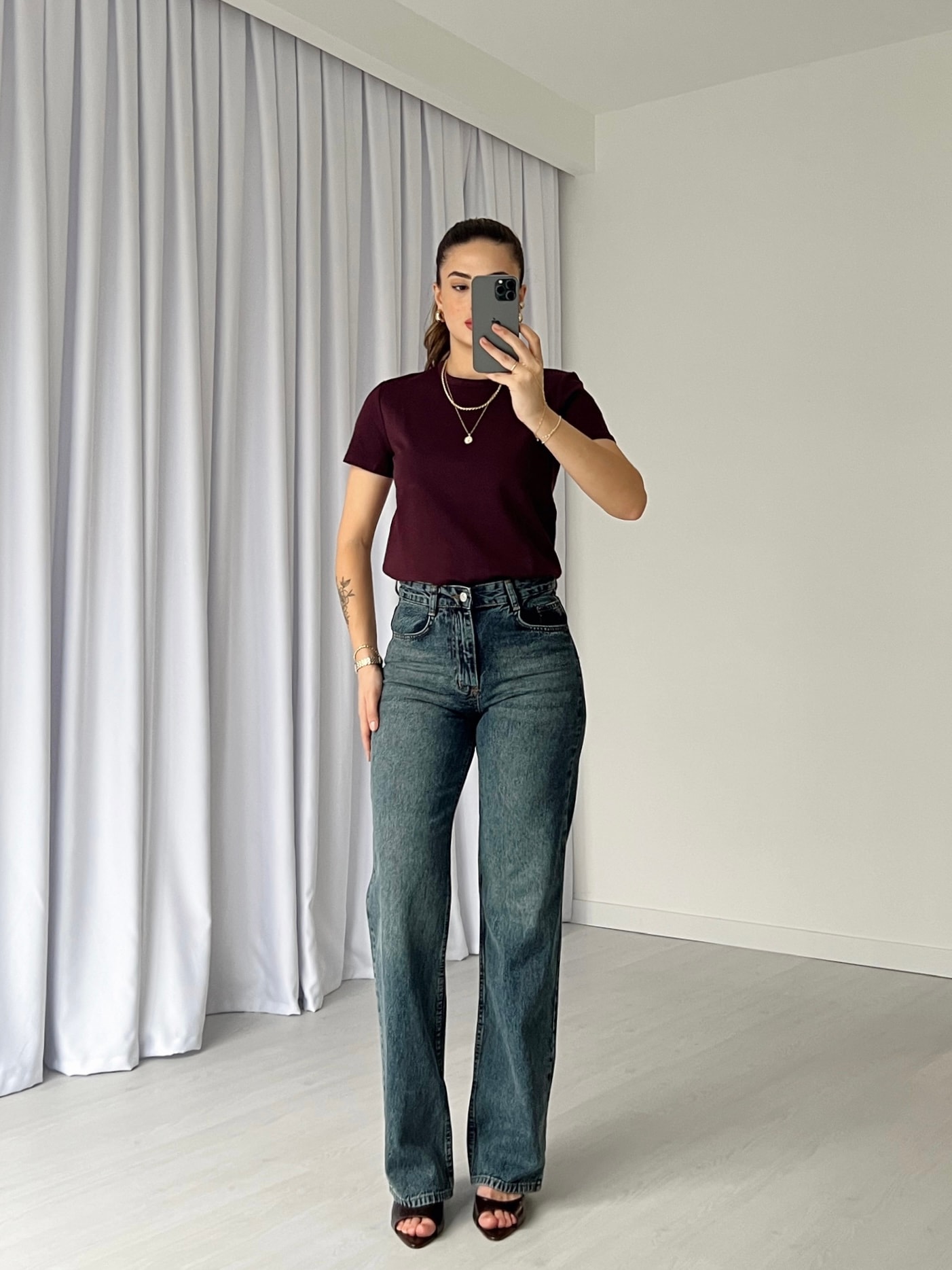 Yıkamalı Wide Leg Jean - Koyu Mavi