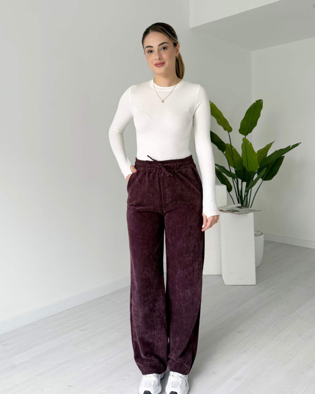 Fitilli Palazzo Kadife Pantolon - Bordo