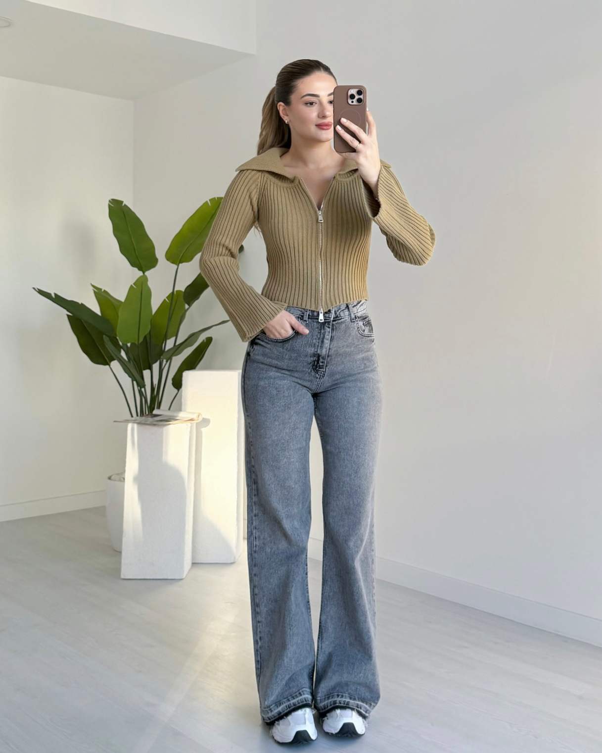 Çift Fermuarlı Geniş Yaka Hırka