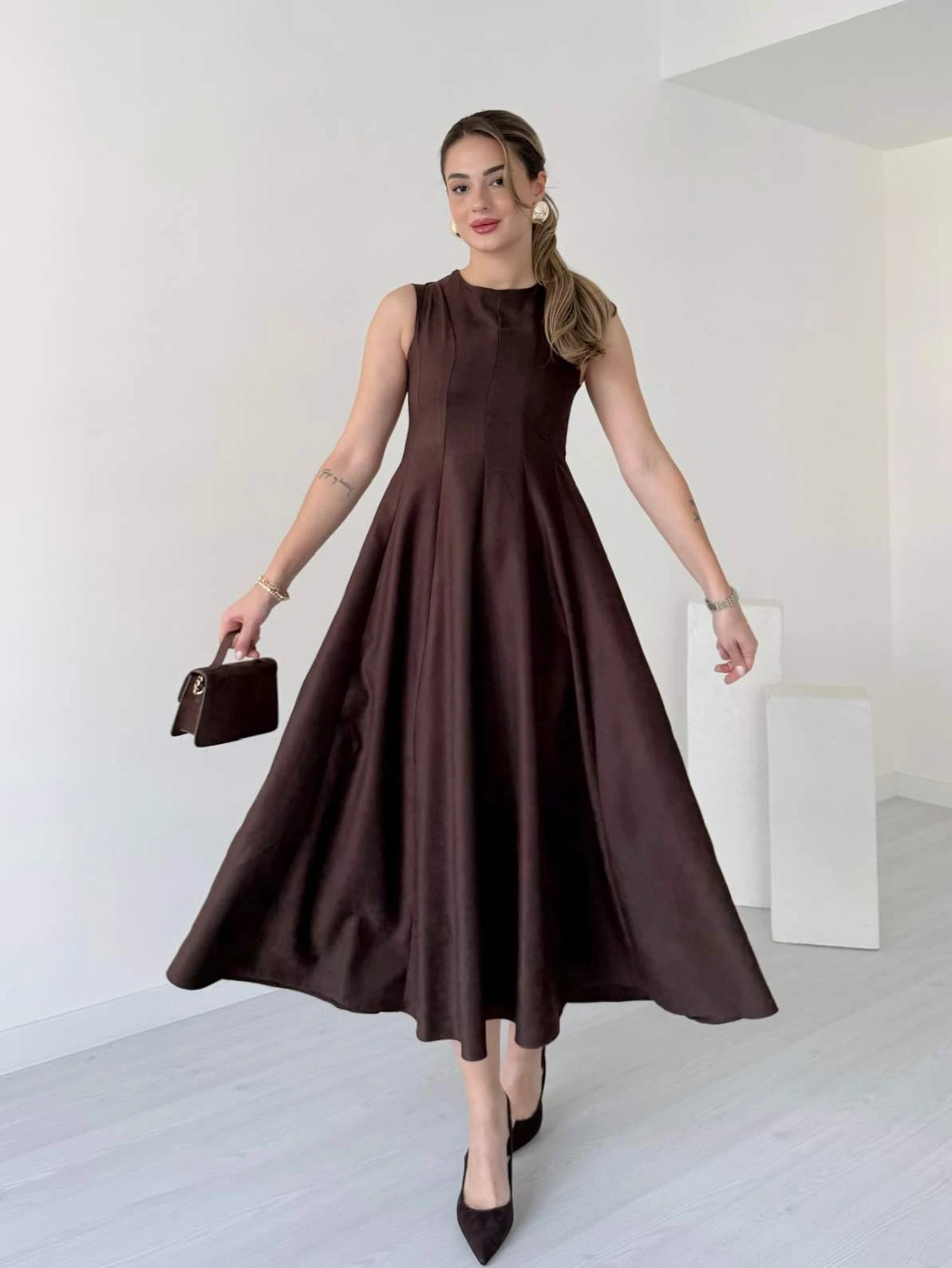 Midi Boy EMILIA Süet Elbise - Kahve