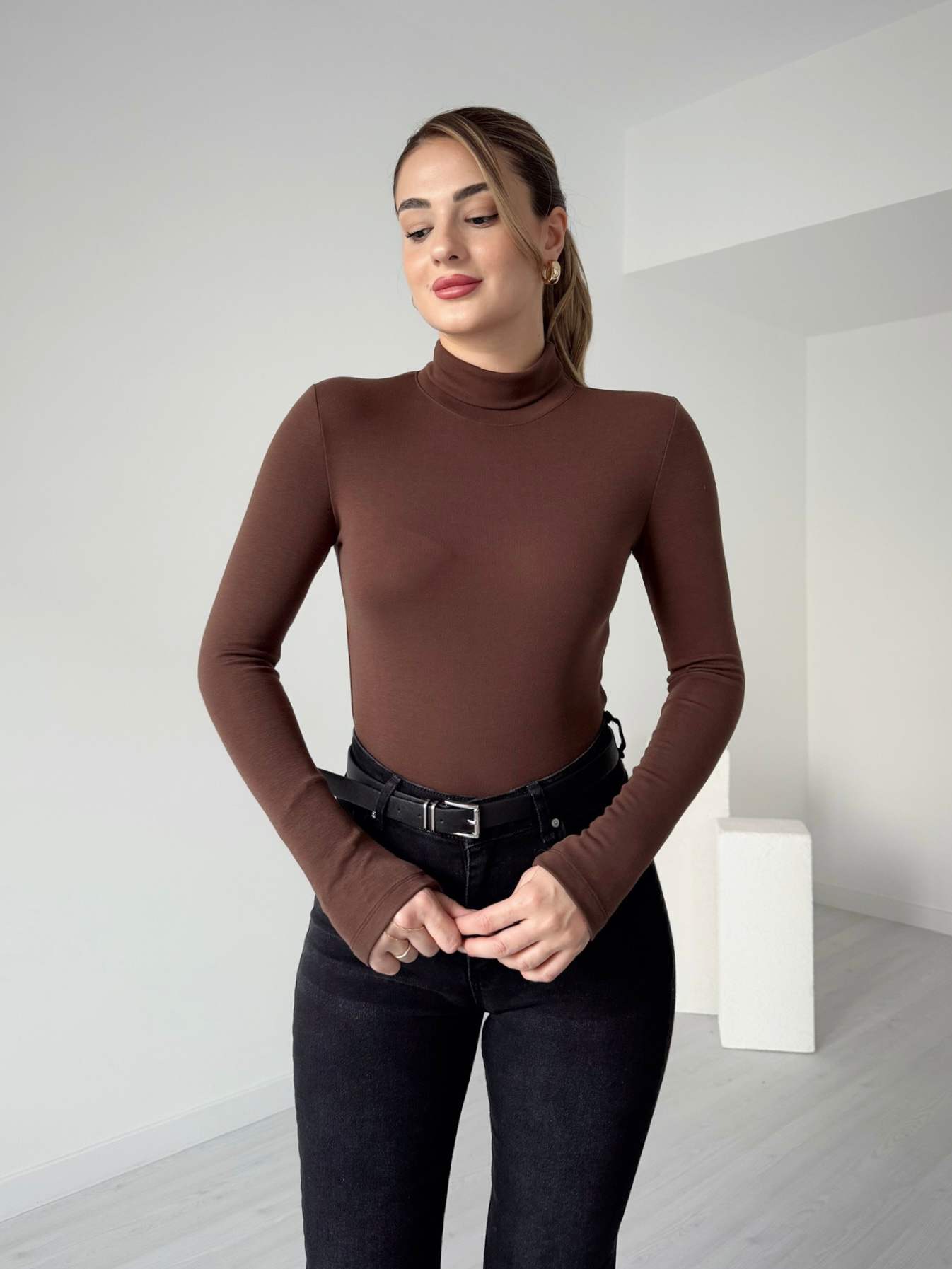 Balıkçı Yaka Modal T-Shirt - Kahve