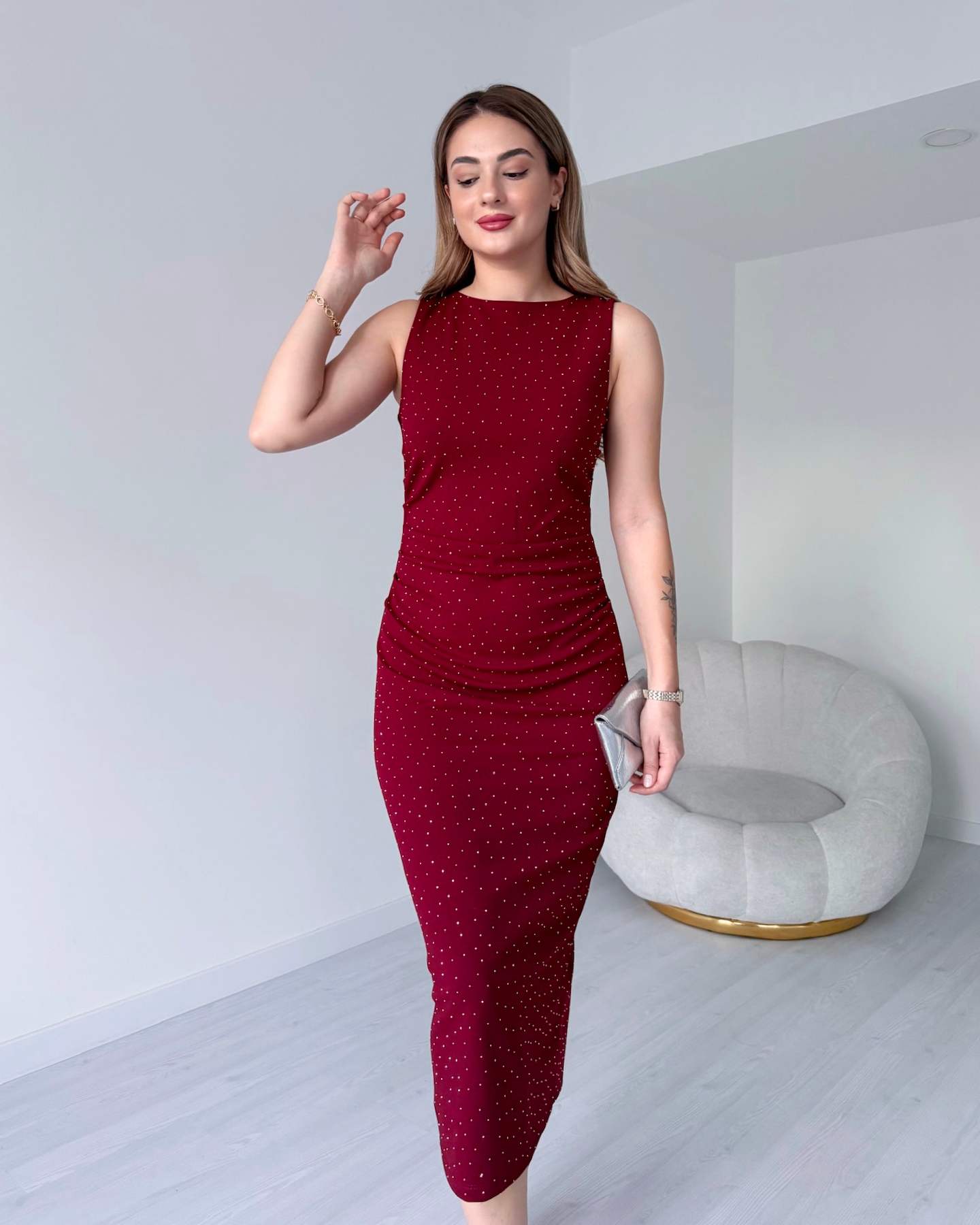 Sıfır Kol Taş Süslemeli ARWEN Elbise - Bordo