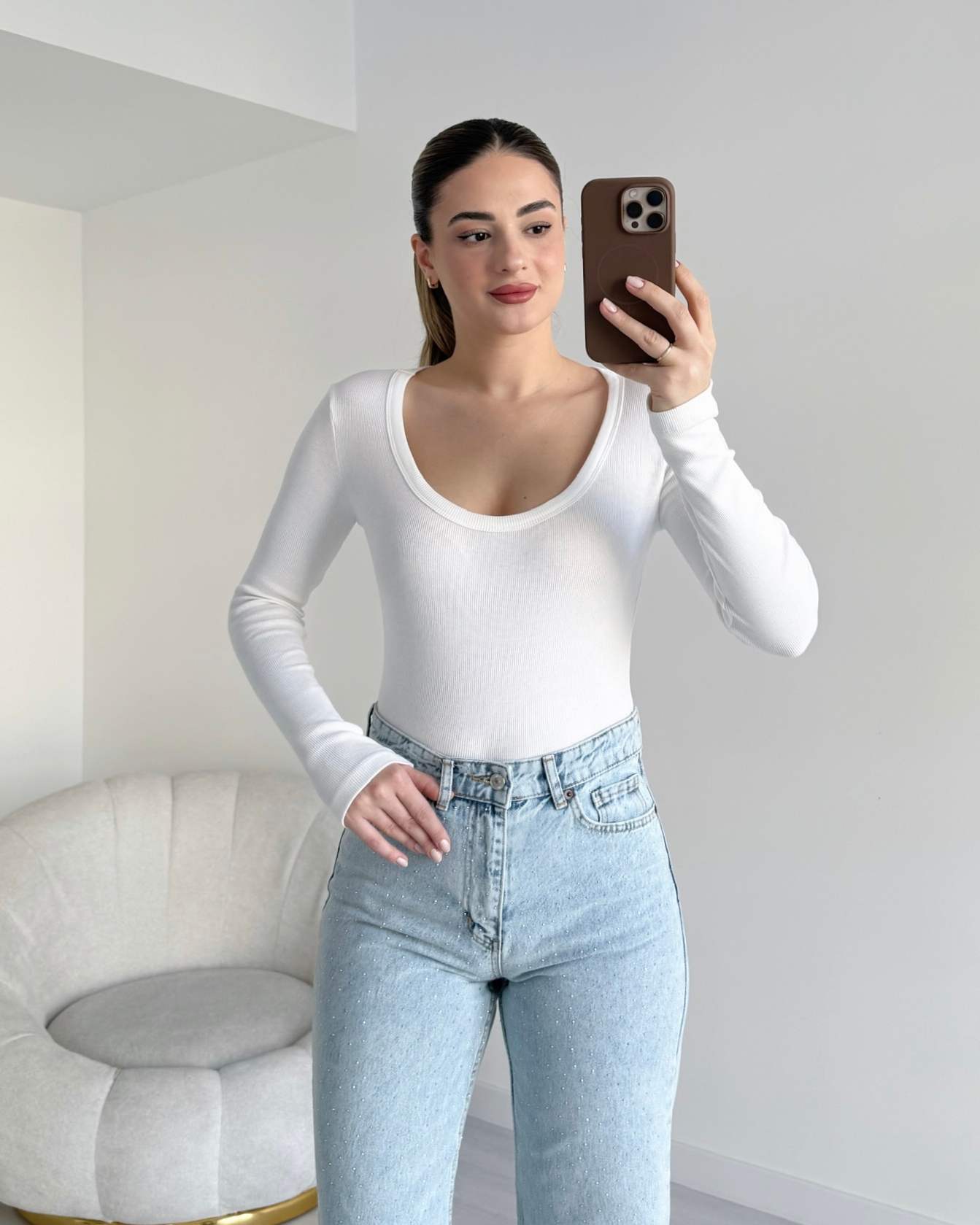 U Yaka Fitilli Bluz - Beyaz