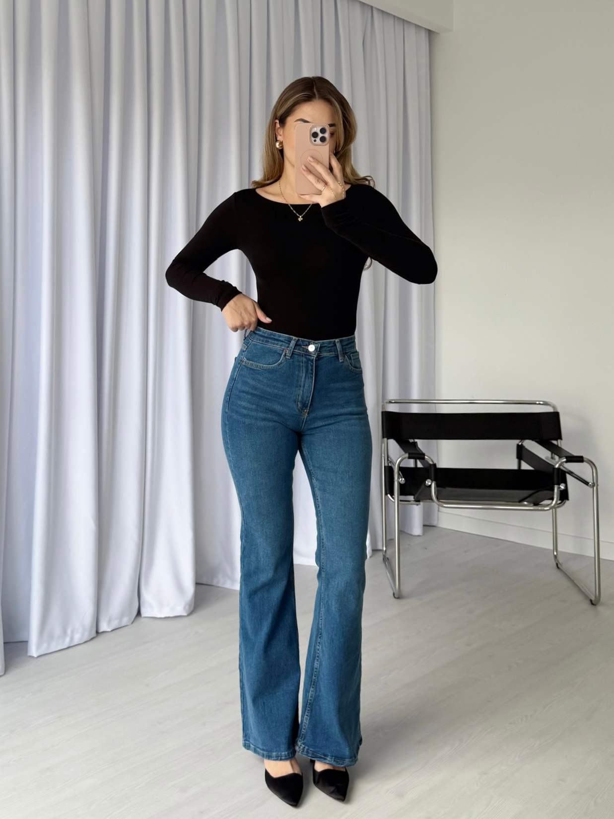 Yüksek Bel Likralı İspanyol Paça Jean
