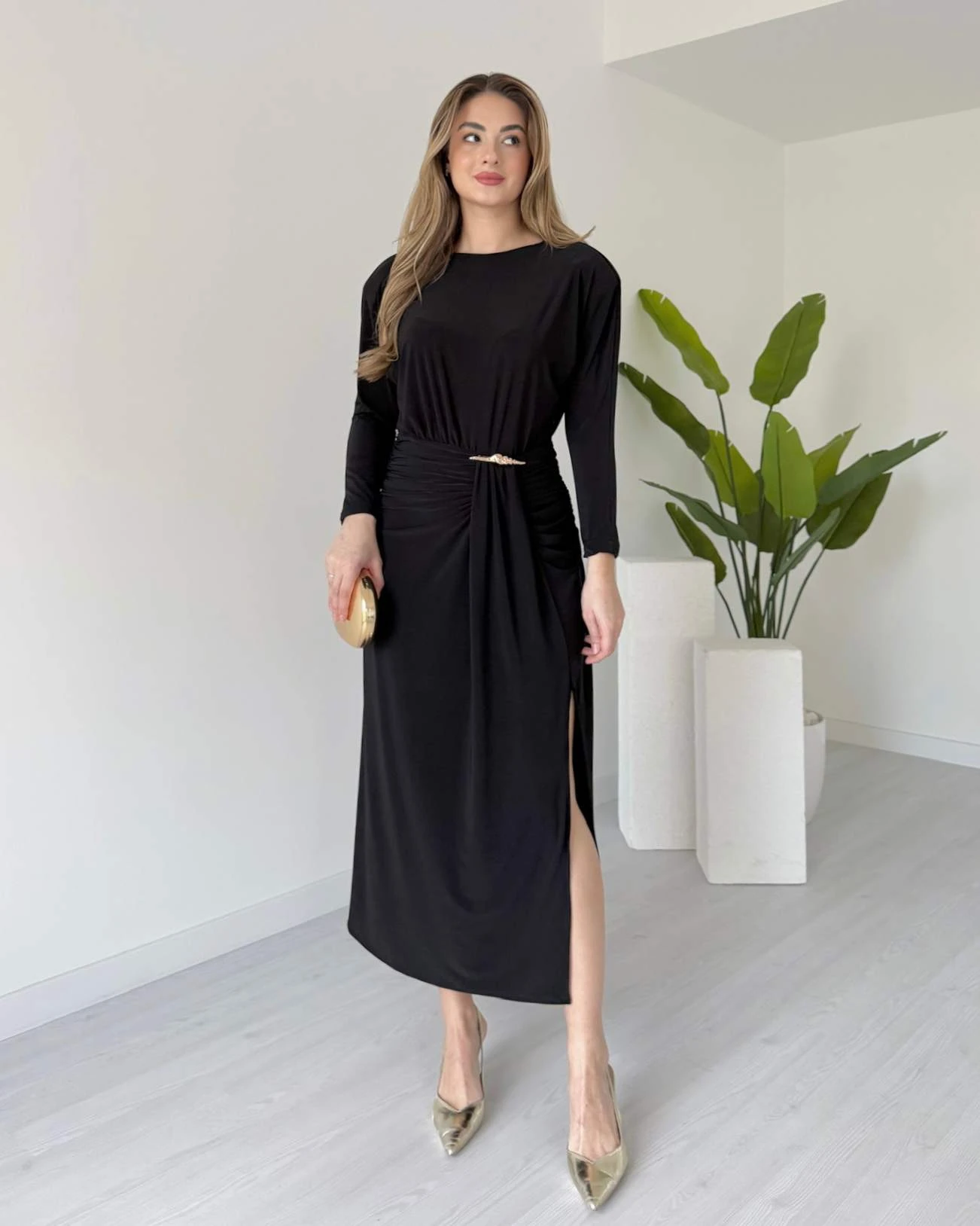 Bel Drapeli EDWARD Elbise - Siyah