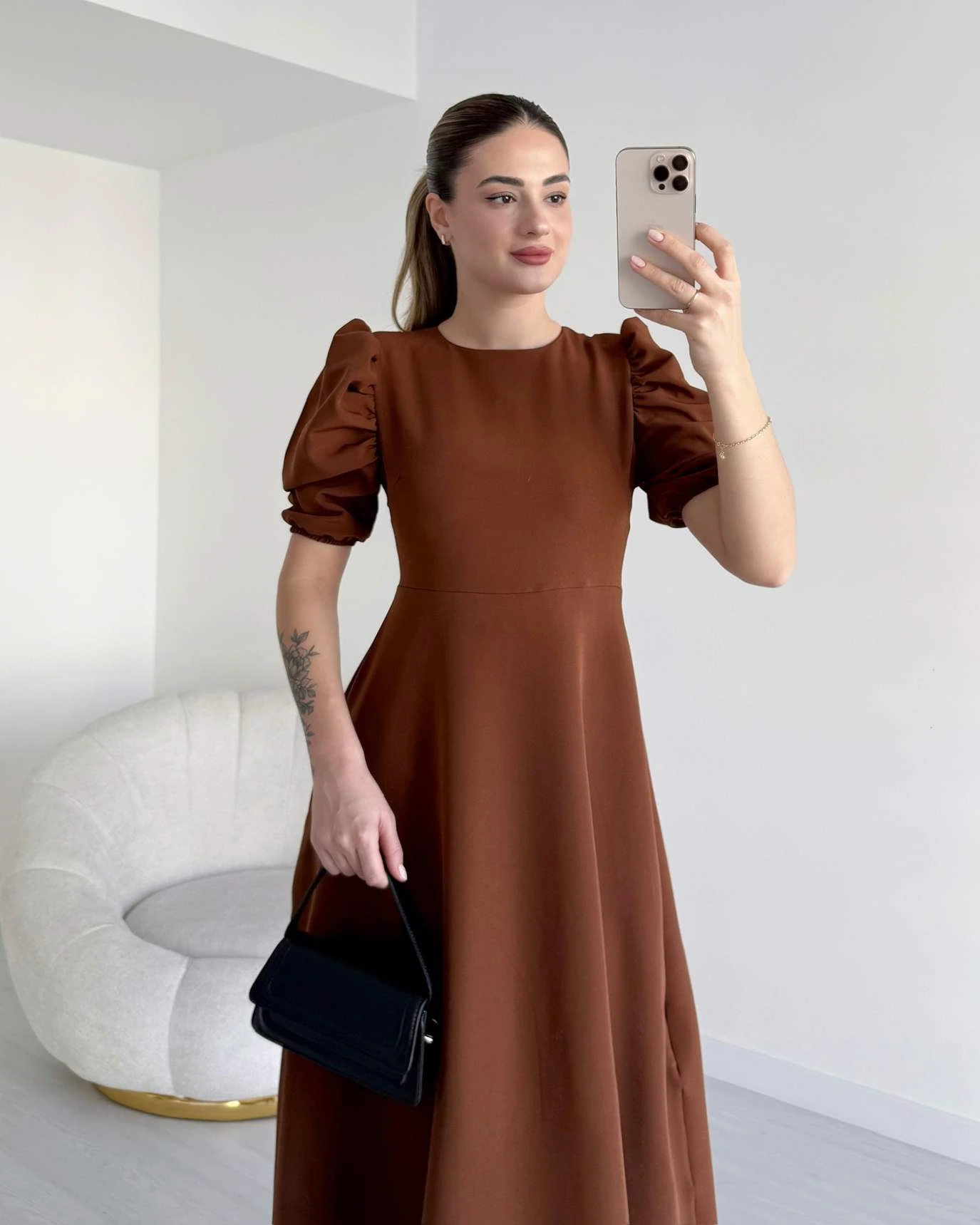 Prenses Kol HEIDI Elbise - Kahve