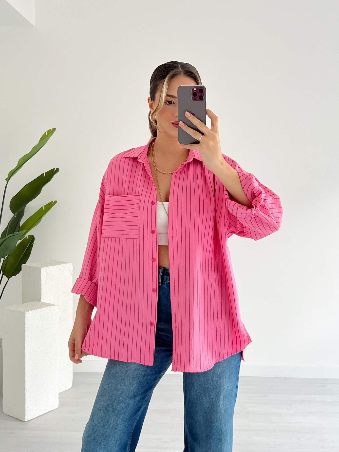 Tek Cepli Çizgili Oversize Gömlek - Pembe