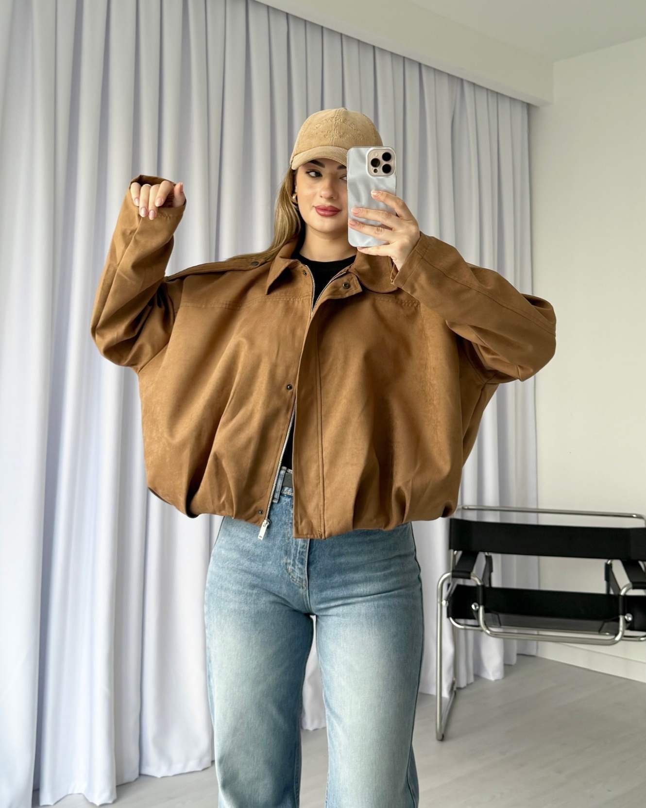 Oversize Süet Bomber Ceket - Taba