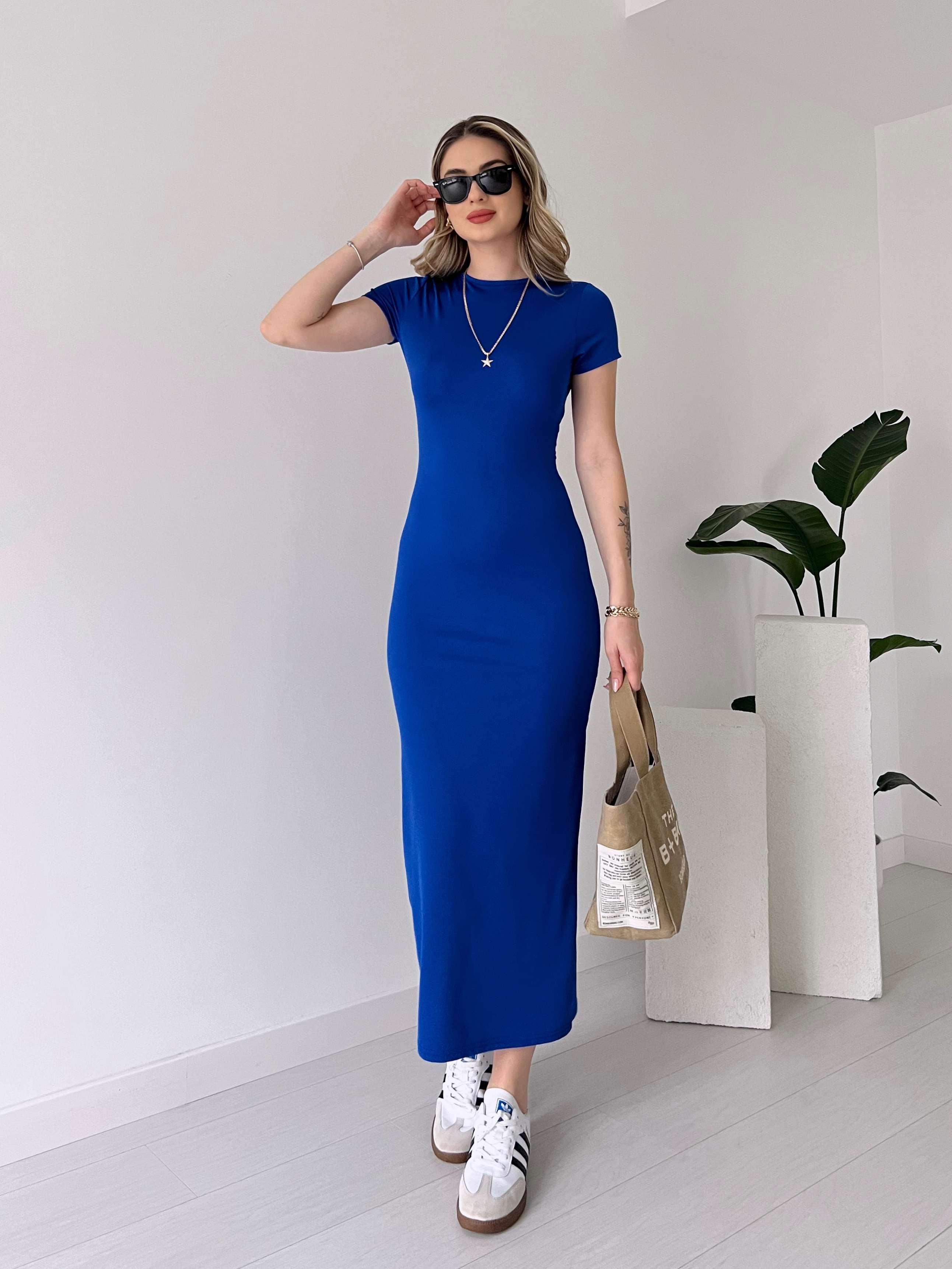 Likralı Kısa Kol Basic Elbise - Mavi