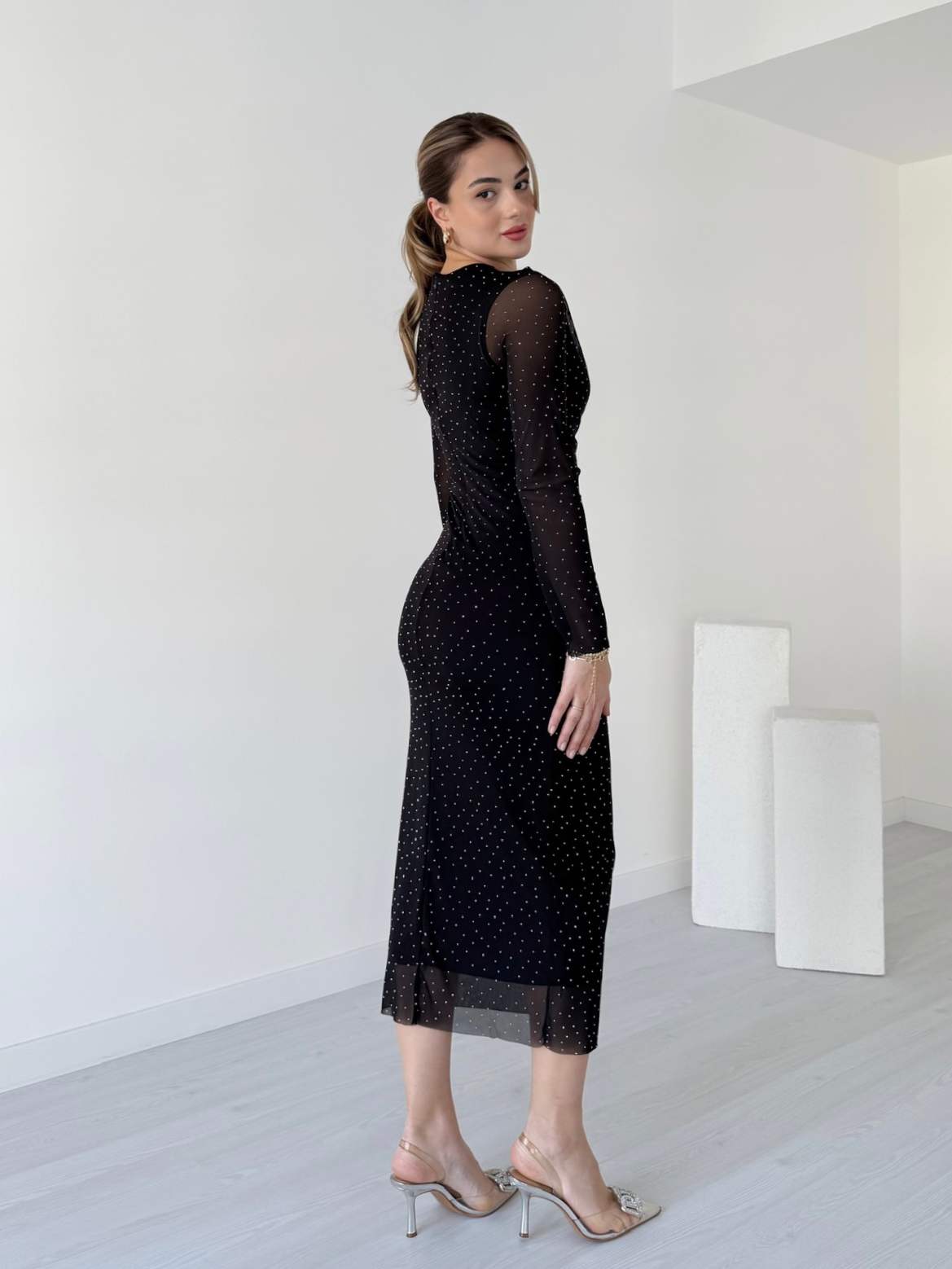 Taşlı Midi Boy Tül Elbise