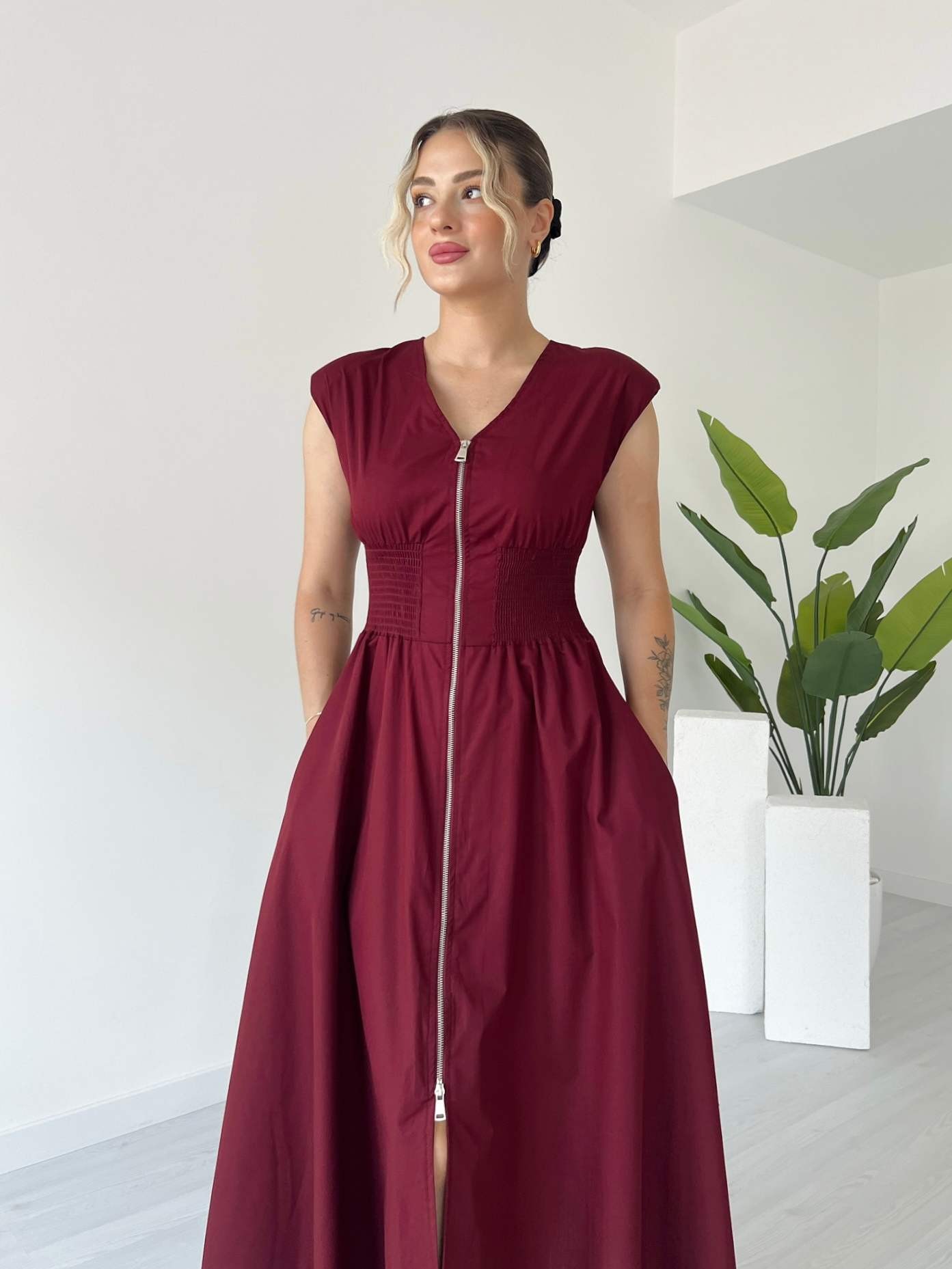 Önü Fermuarlı Midi Boy Poplin Elbise - Bordo
