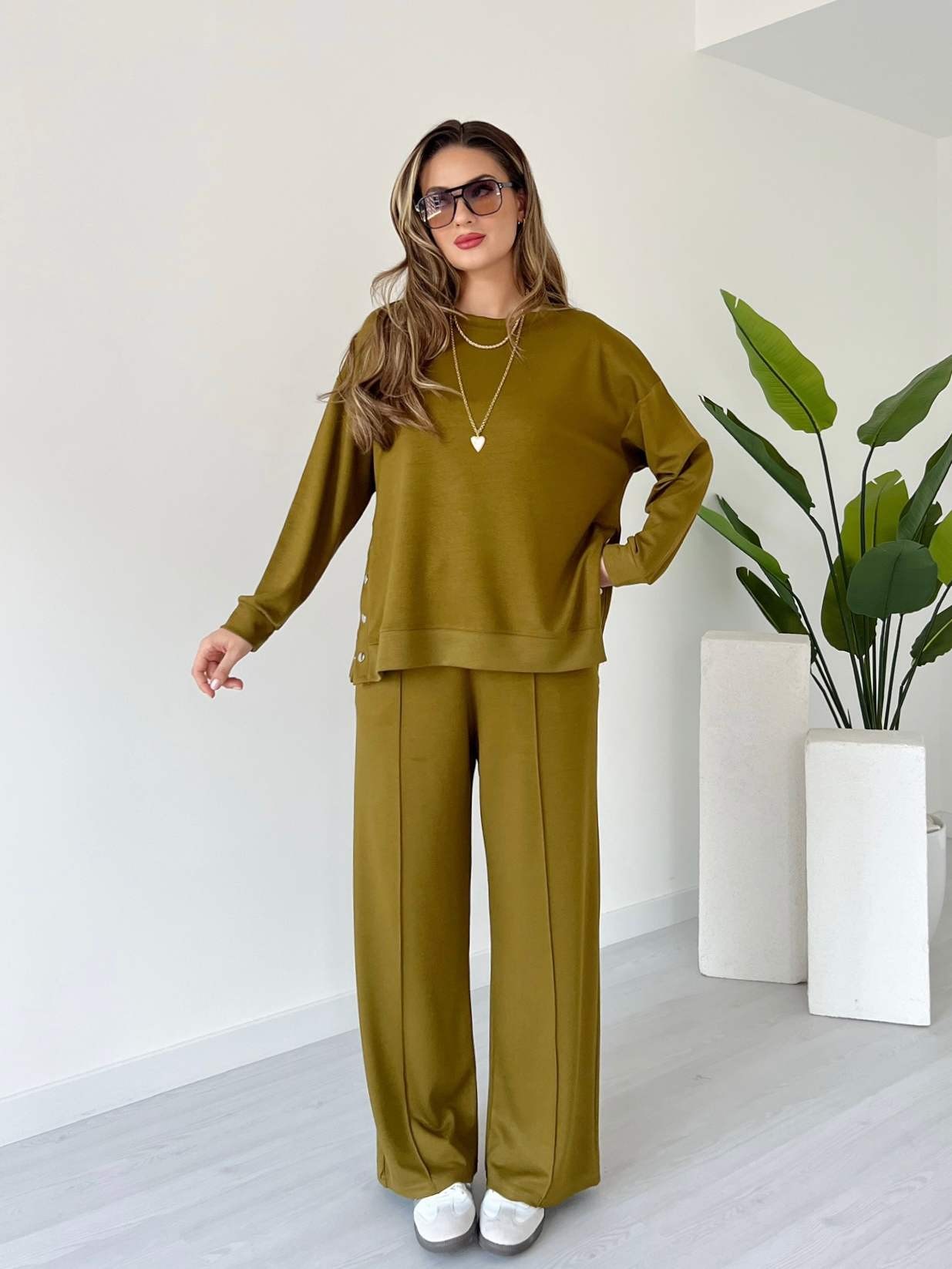 Modal Kumaş Çıtçıtlı Takım - Olive Yeşil