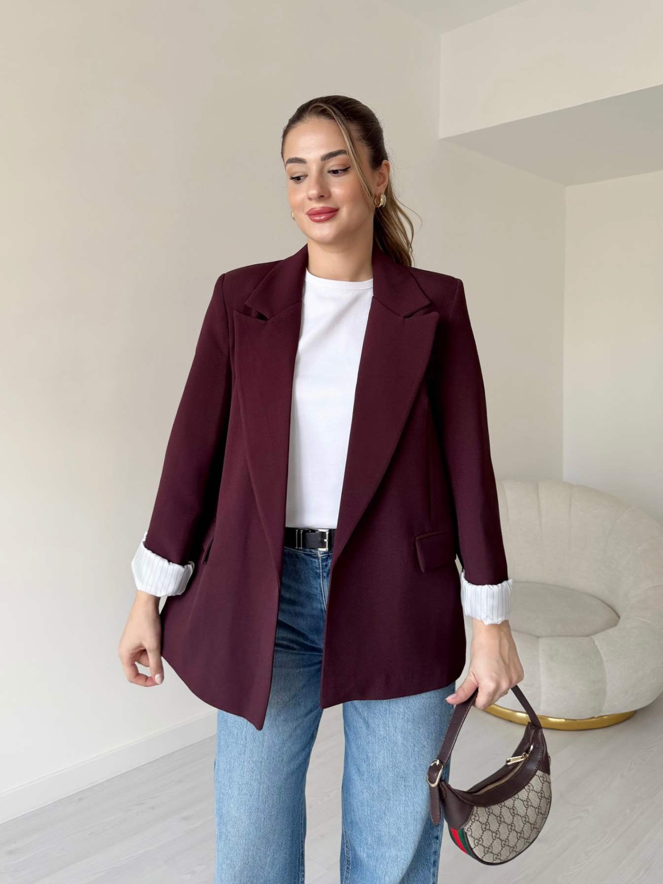 Astarı Çizgili Ceket - Bordo