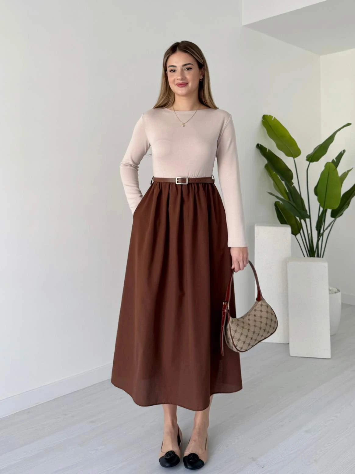 Midi Boy Kemerli Uzun Kollu Elbise