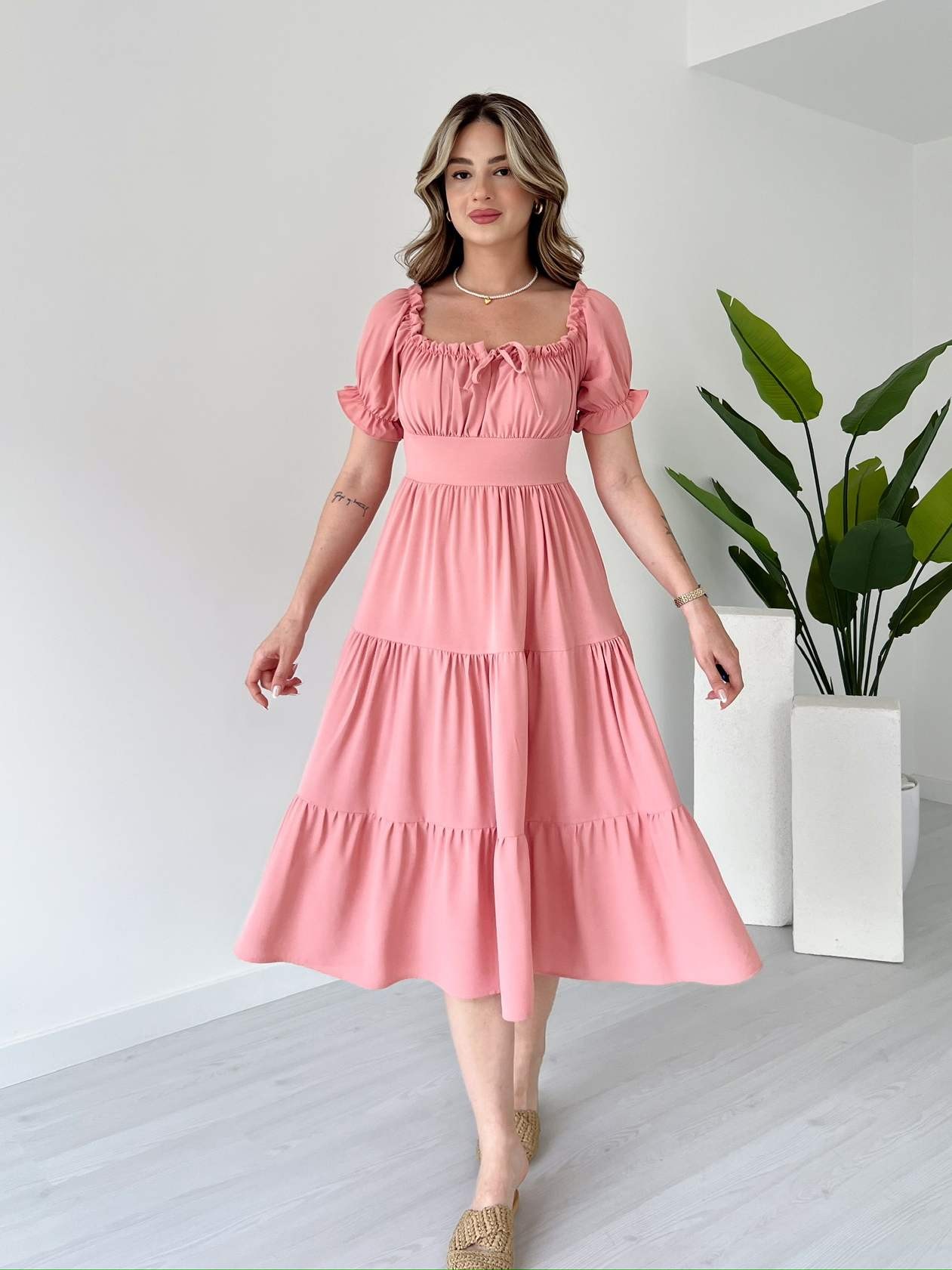 Yaka ve Kol Lastikli LAUREL Elbise - Pembe
