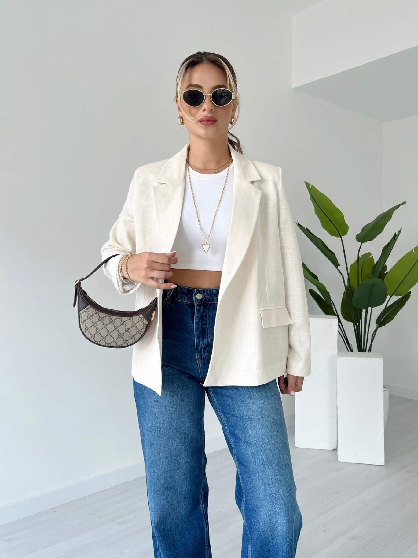 Astarlı Keten Blazer Ceket - Krem