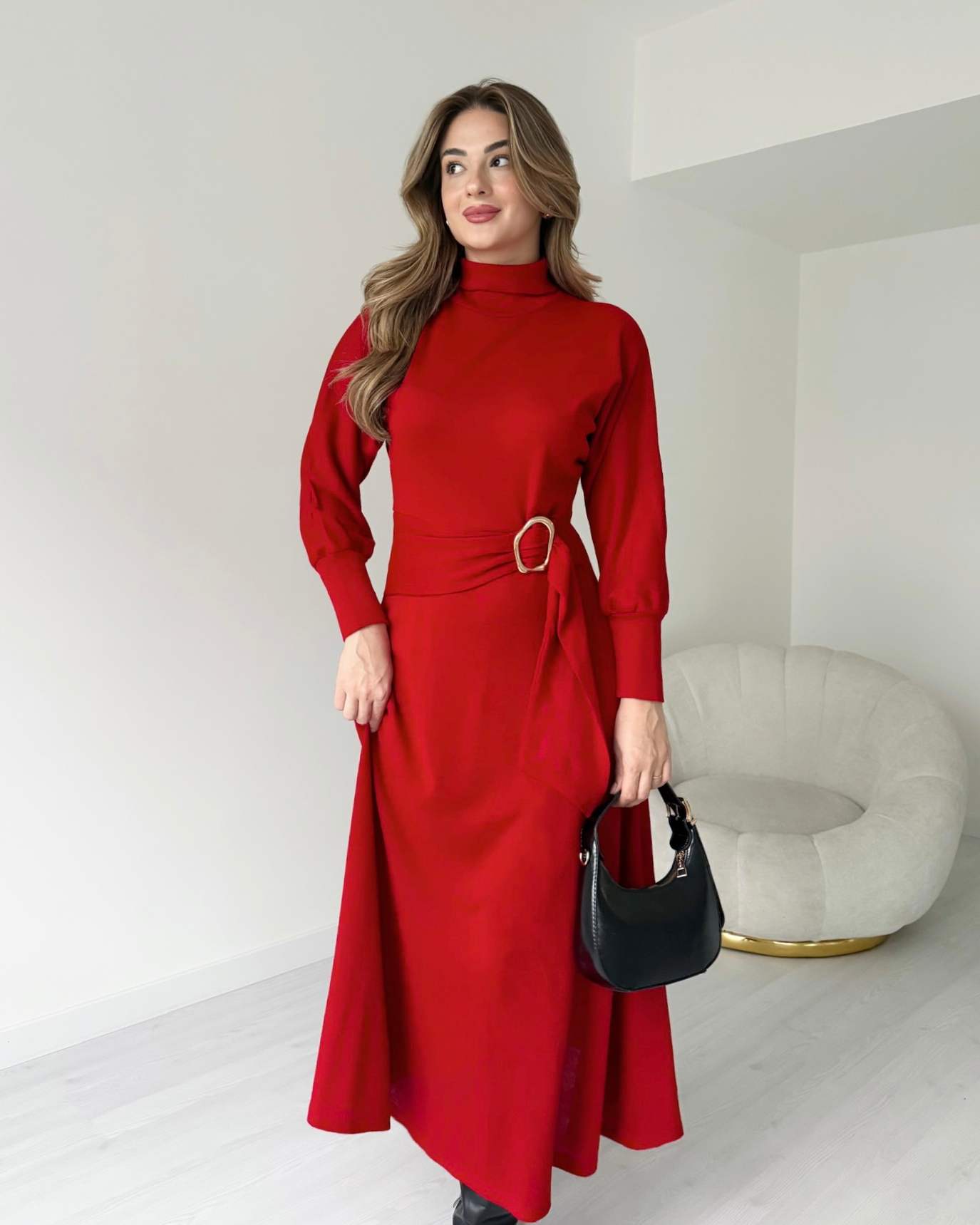 Balıkçı Yaka Kuşak Detaylı Triko Elbise