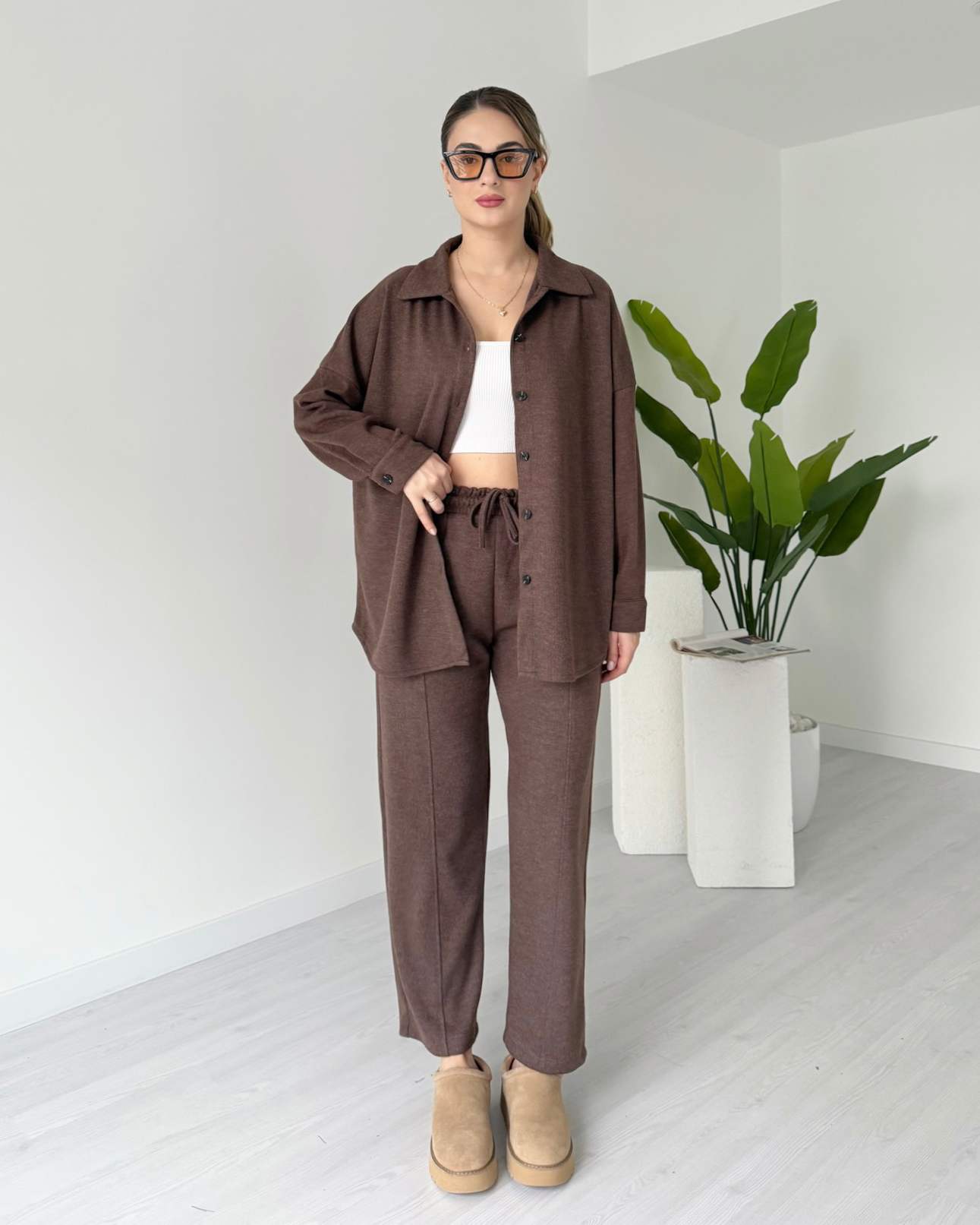 Kısa Paça Gömlekli Oversize Takım - Kahve