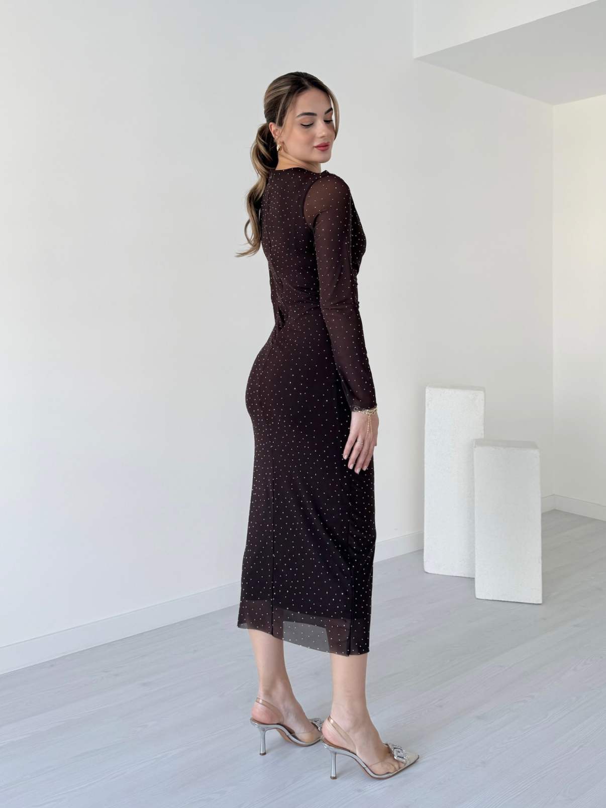 Taşlı Midi Boy Tül Elbise