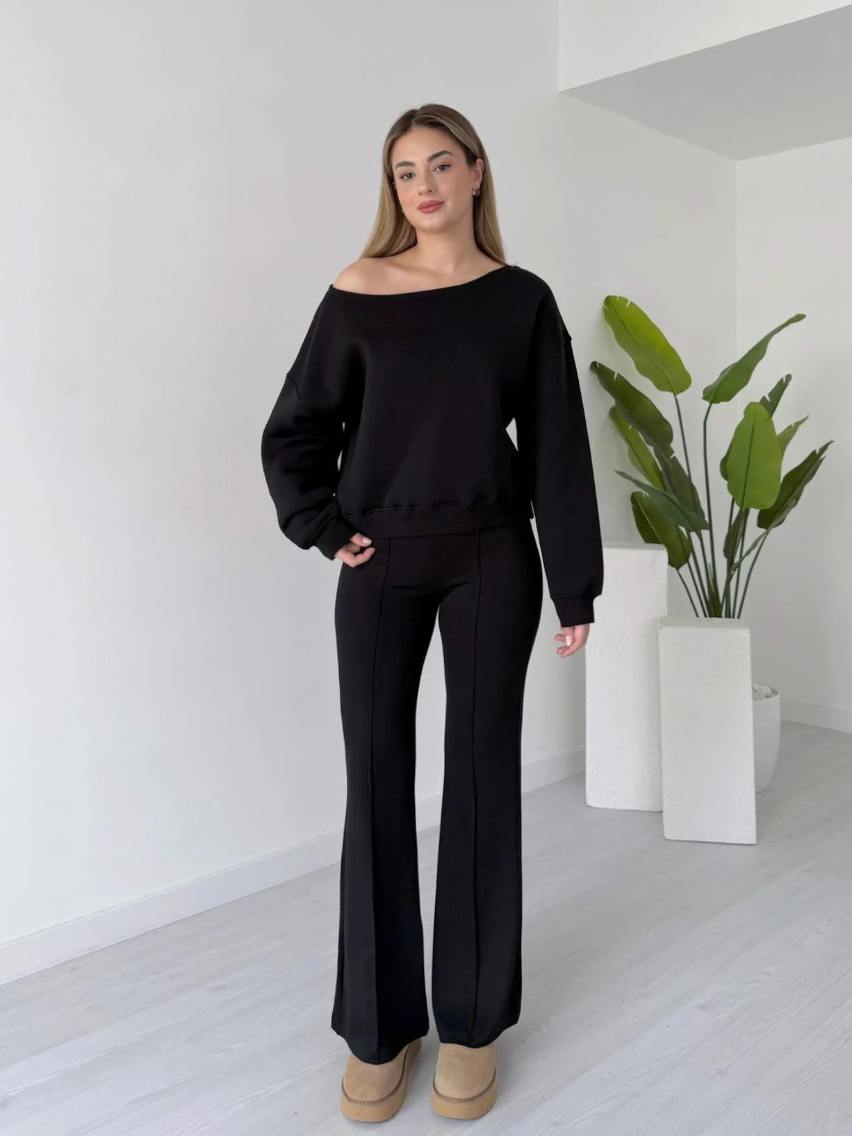 İspanyol Paça Çimalı Modal Tayt - Siyah