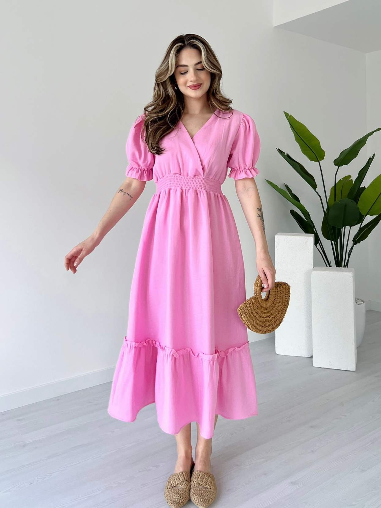 Bel Gipeli Karpuz Kol Müslin Elbise - Pembe