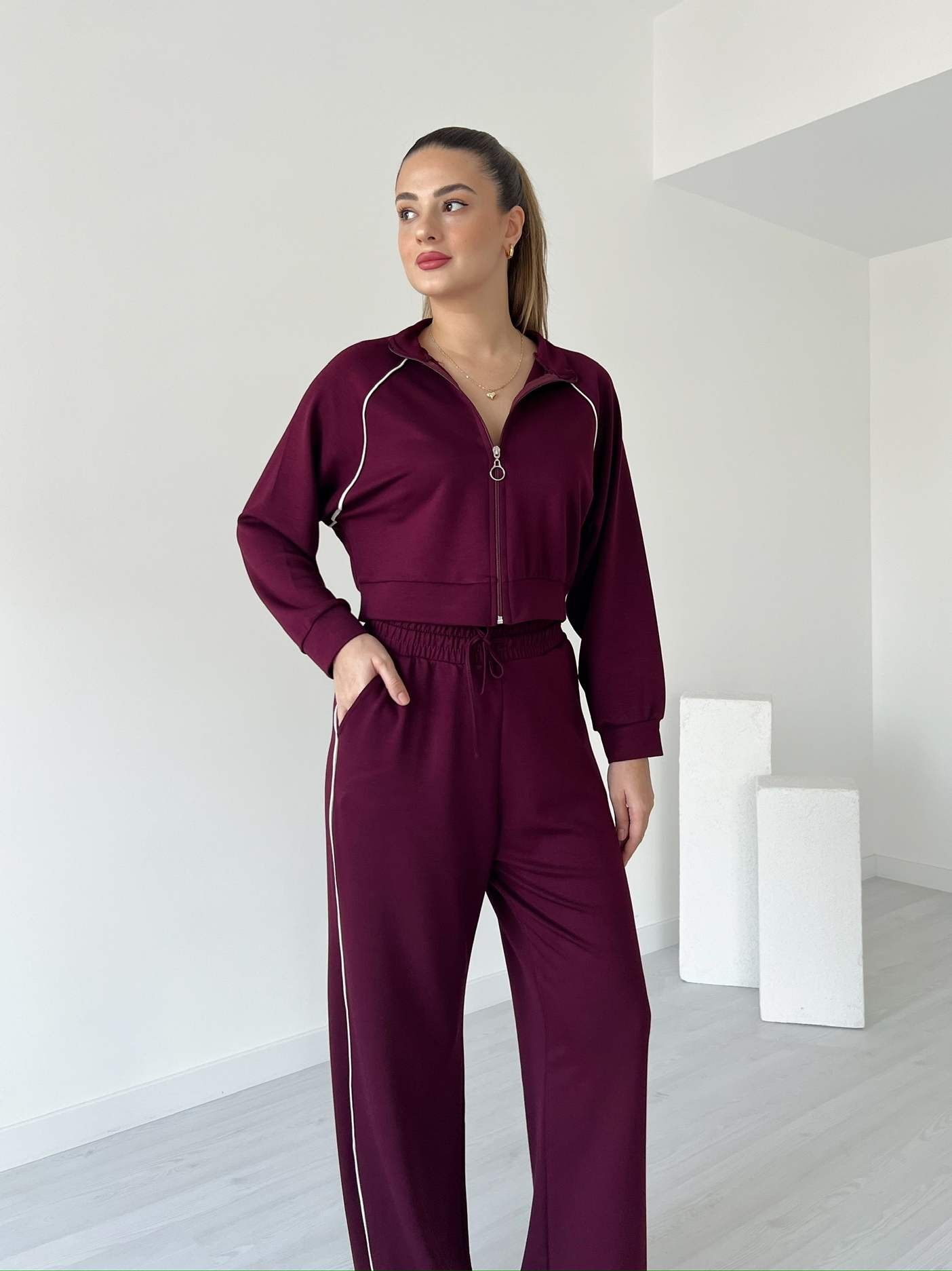 Modal Kumaş Biyeli Eşofman Takımı - Bordo