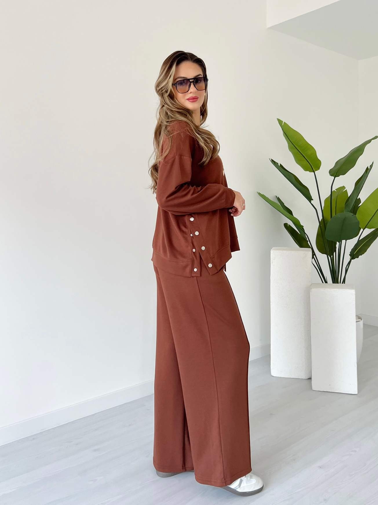 Modal Kumaş Çıtçıtlı Takım - Kahve