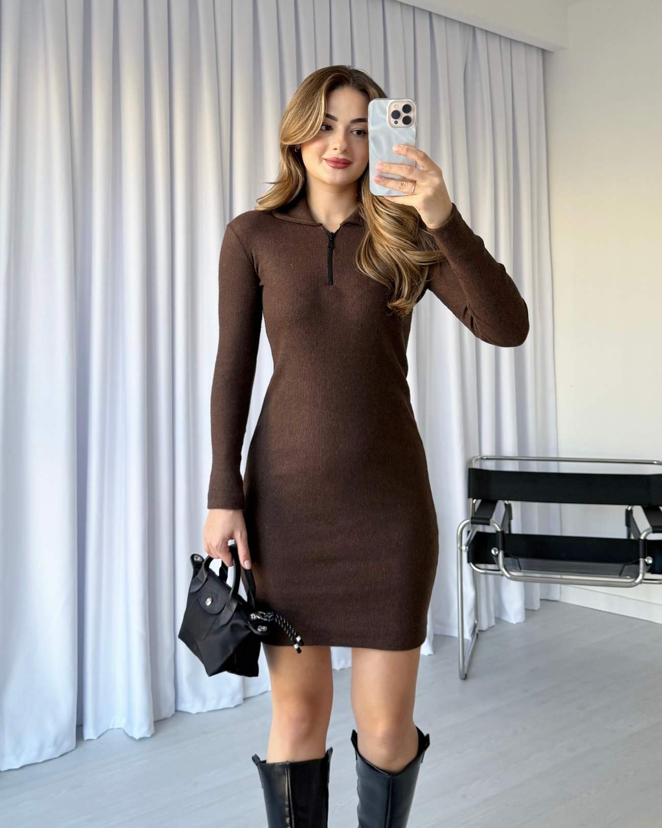 Yaka Fermuarlı Yumoş Elbise - Kahve