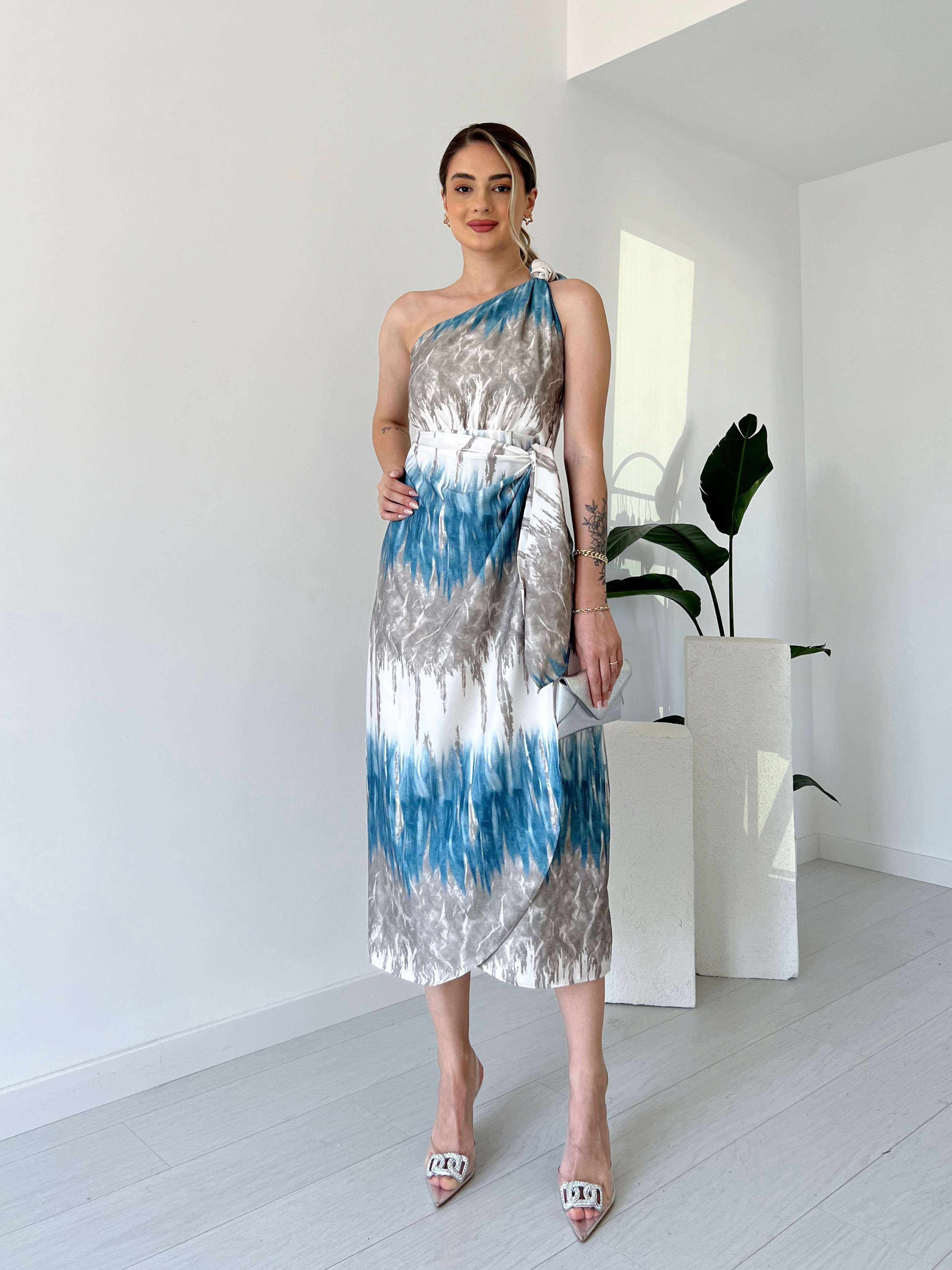 Tek Omuz Batik Desenli Elbise - Mavi