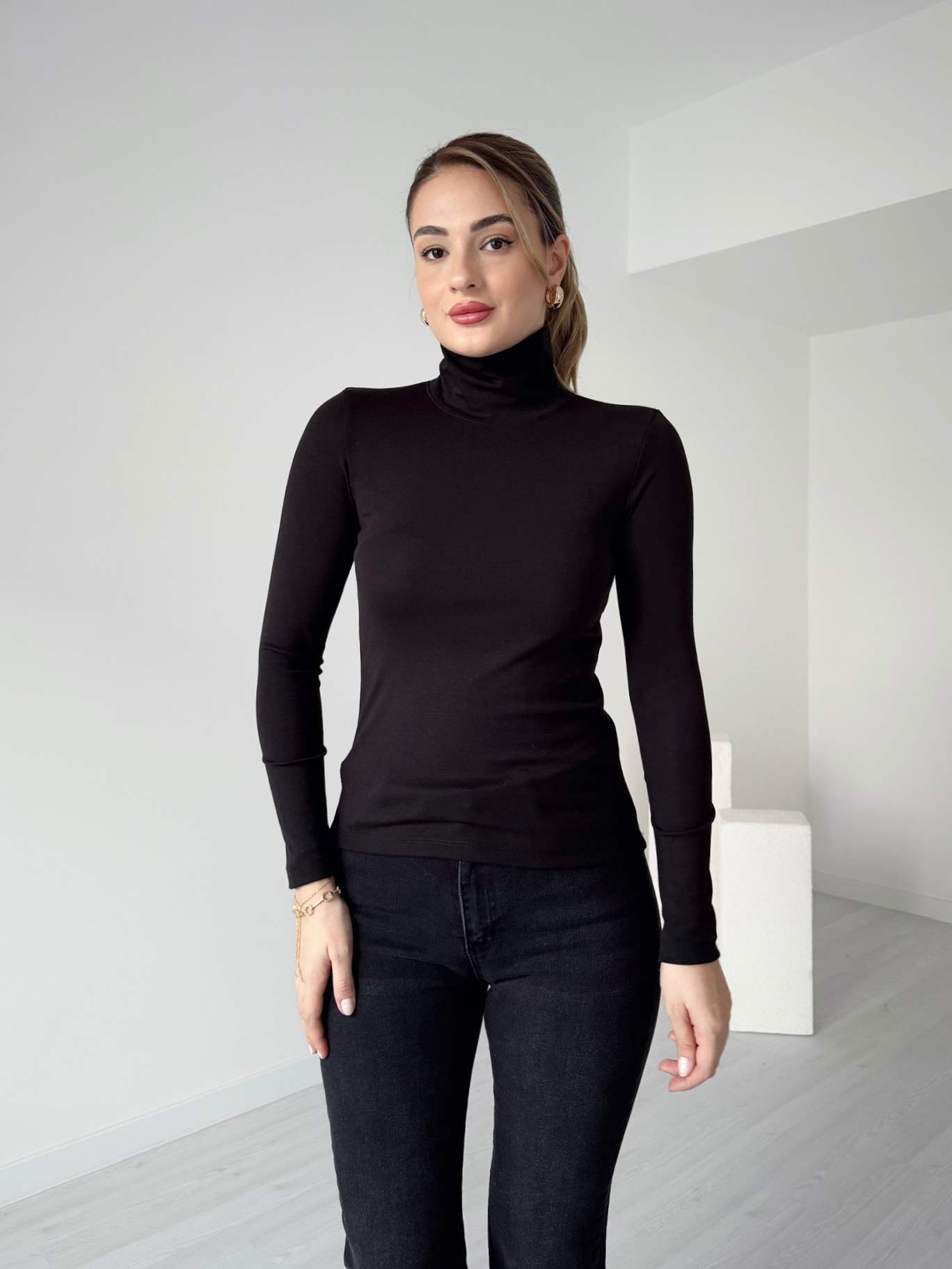 Balıkçı Yaka Modal T-Shirt - Siyah
