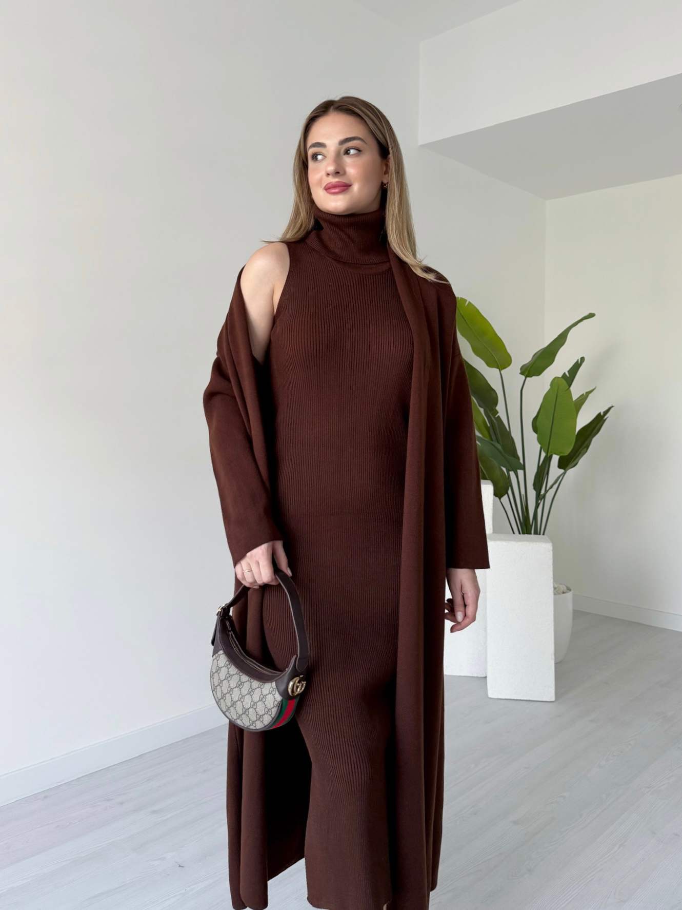 Acı Kahve Elbise Hırka Takım